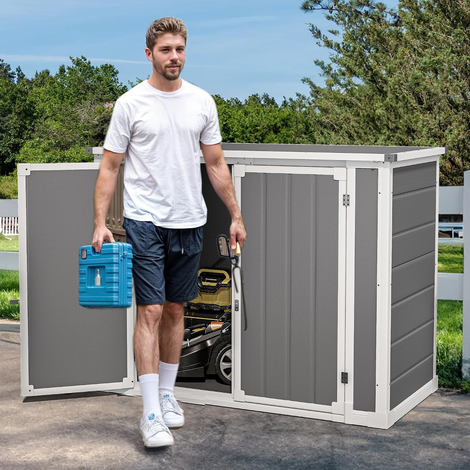 DWVO 41 Cu.ft Horizontal Resin Storage Shed, All Weather 4.7x2.5 FT Outdoor Garden Shed with Hydraulic Struts, 3 Locks, Lockable to Floor for Garden Tools, Trash Cans, Gray