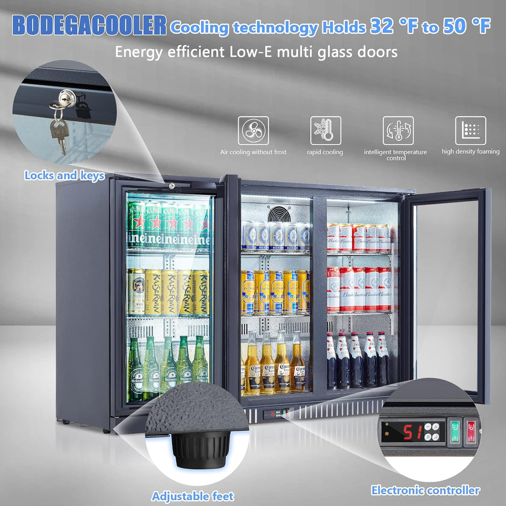 BODEGA BODEGACOOLER Back Bar Cooler with 3 Glass Doors,11.4 Cu.Ft Commercial Bar Beverage Refrigerator Under Counter,Large Display Bar Fridge for Beer Soda Wine LED Lighting,DOE Approved