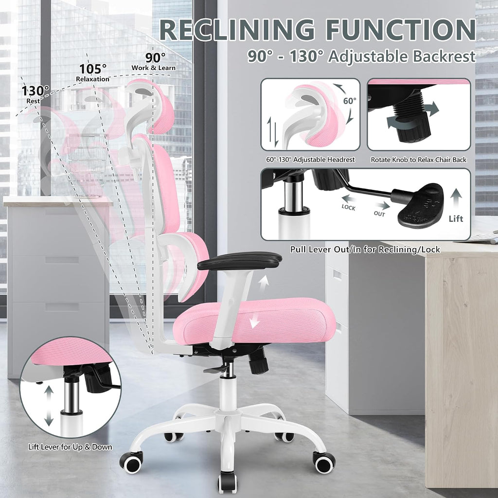 Winrise Office Chair Ergonomic Desk Chair, High Back Gaming Chair, Big and Tall Reclining Chair Comfy Home Office Desk Chair Lumbar Support Breathable Mesh Computer Chair Adjustable Armrests (Pink)