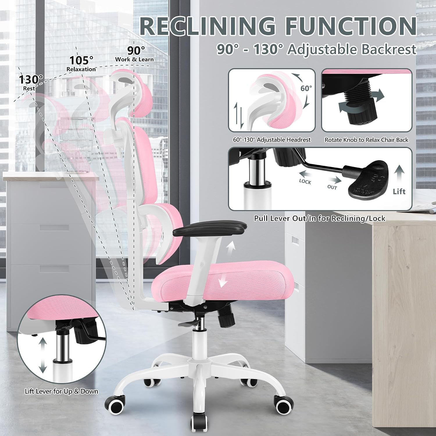 Winrise Office Chair Ergonomic Desk Chair, High Back Gaming Chair, Big and Tall Reclining Chair Comfy Home Office Desk Chair Lumbar Support Breathable Mesh Computer Chair Adjustable Armrests (Pink)