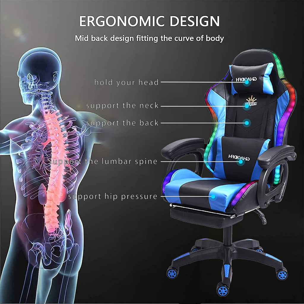 Gaming Chair with LED Lights and Speakers, Ergonomic Gaming Chair with Massage and Footrest,Comfortable Computer Reclining with Headrest and Lumbar Support,Video Game Chair for Adults Kids.,B
