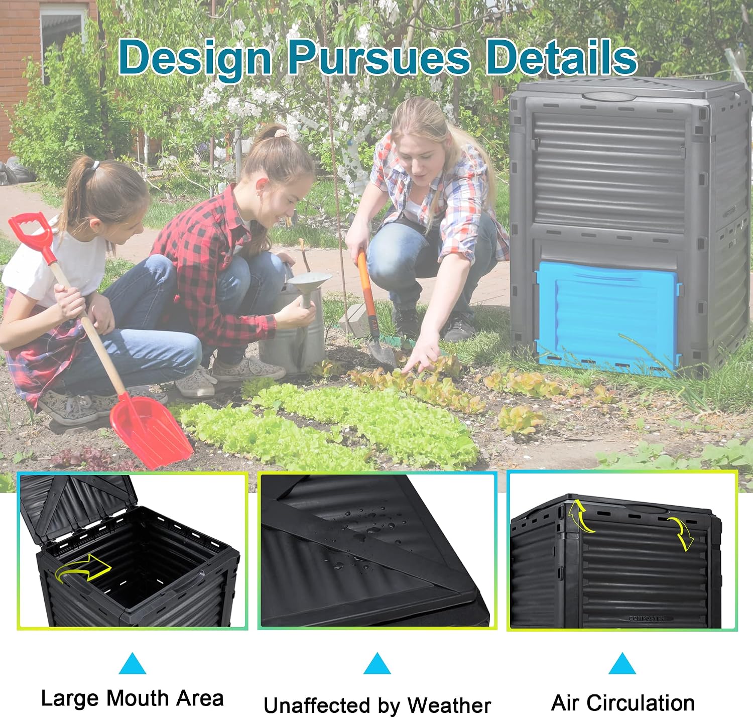 Garden Compost Bin 80 Gallon (300L) Large, Outdoor Composter from PP Material,Composting Box Easy Assembly & Many Vents, Fast Creation of Fertile Soil, Lightweight & Sturdy
