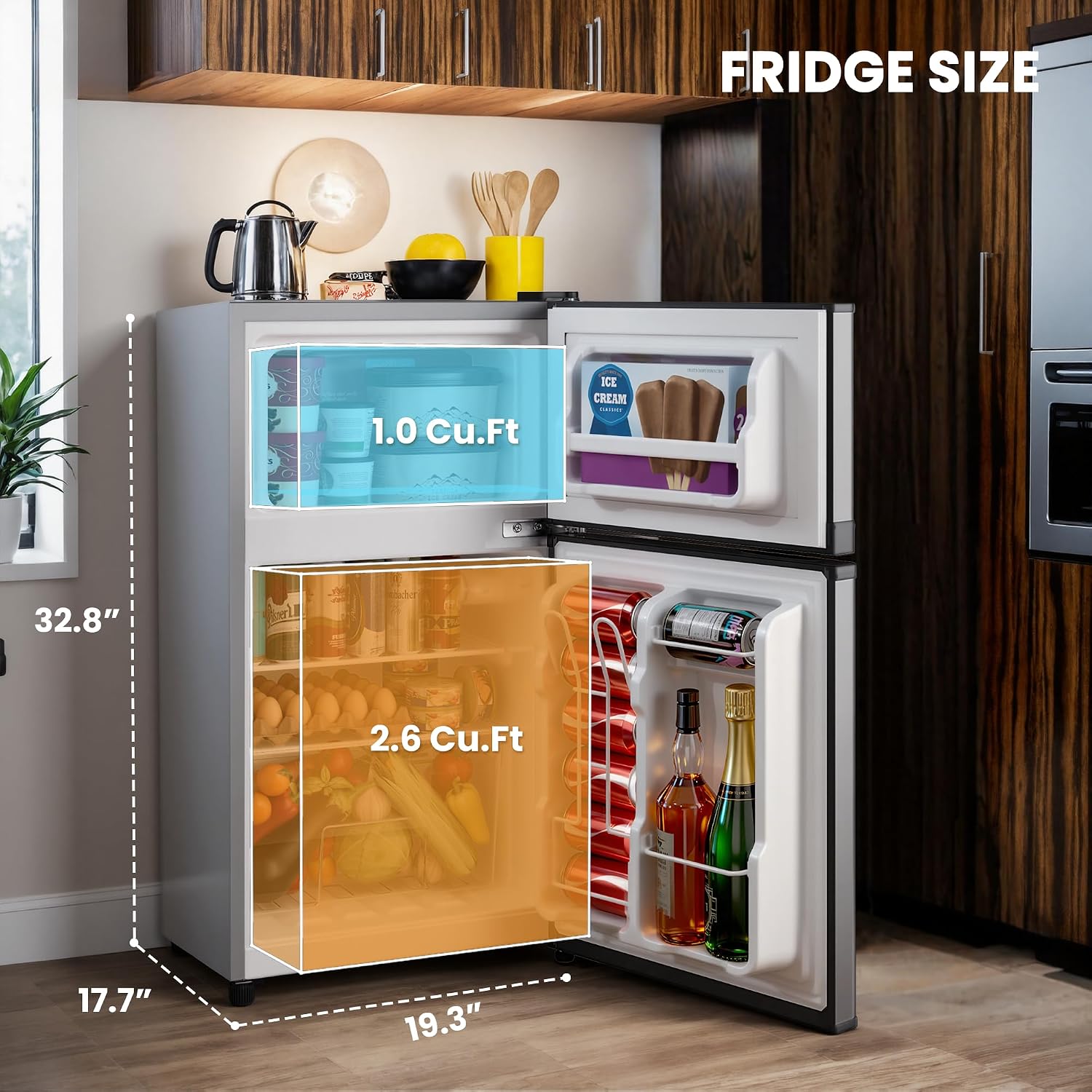 Manastin 3.6 Cu.Ft 2-Door Refrigerator with Freezer, 7-Level Thermostat & Adjustable Shelves, Quiet Operation for Kitchen, Office & Dorm (Silver)