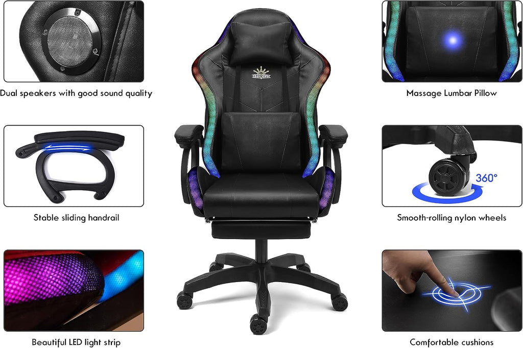 Enhance Your Gaming Experience with Our Ergonomic Reclining Gaming Chair with RGB LED Lights, Massage and Dual Speakers - Perfect for Adults, Teens and Kids! (Black + White)