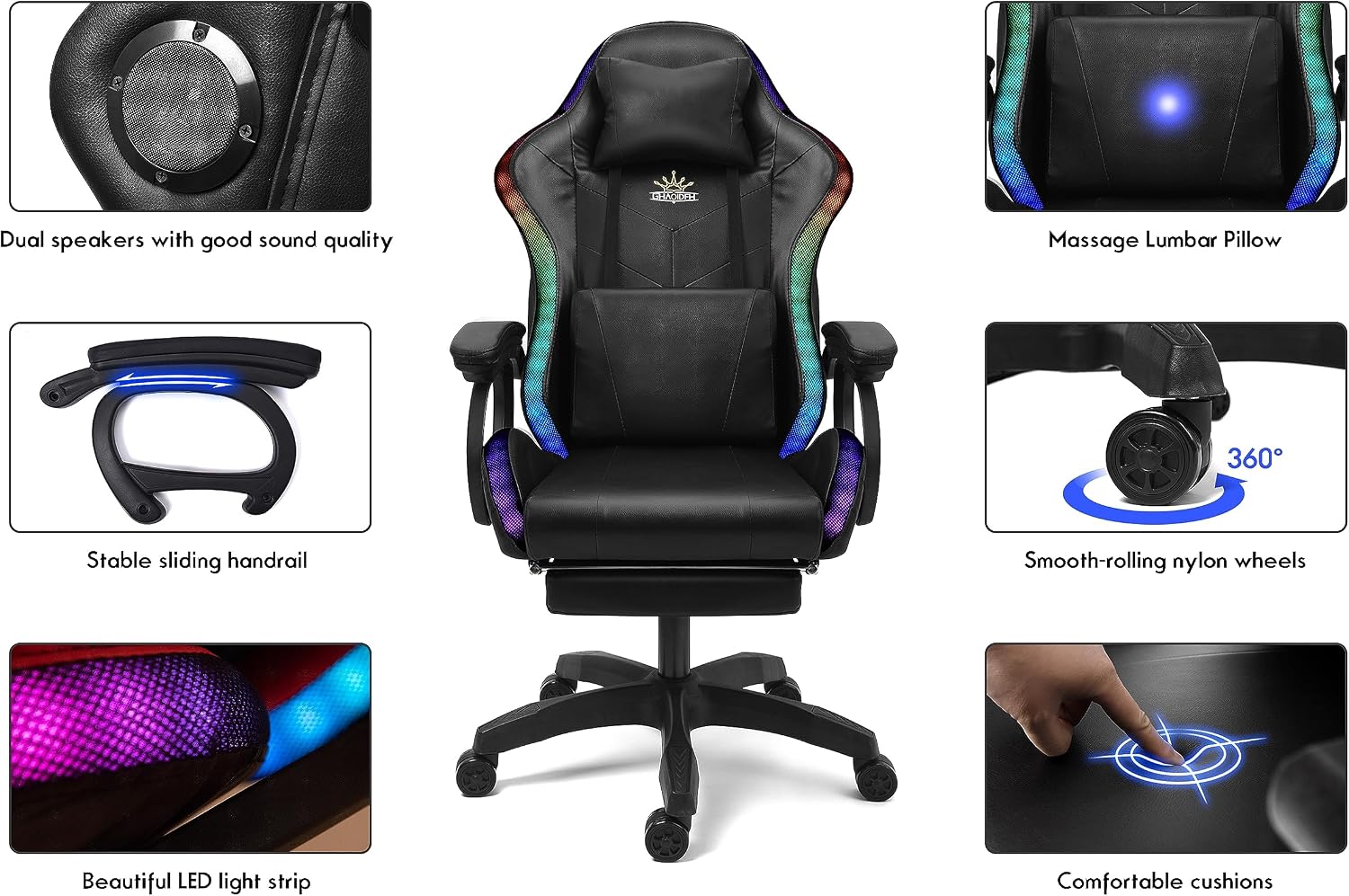Enhance Your Gaming Experience with Our Ergonomic Reclining Gaming Chair with RGB LED Lights, Massage and Dual Speakers - Perfect for Adults, Teens and Kids! (Pink + White)