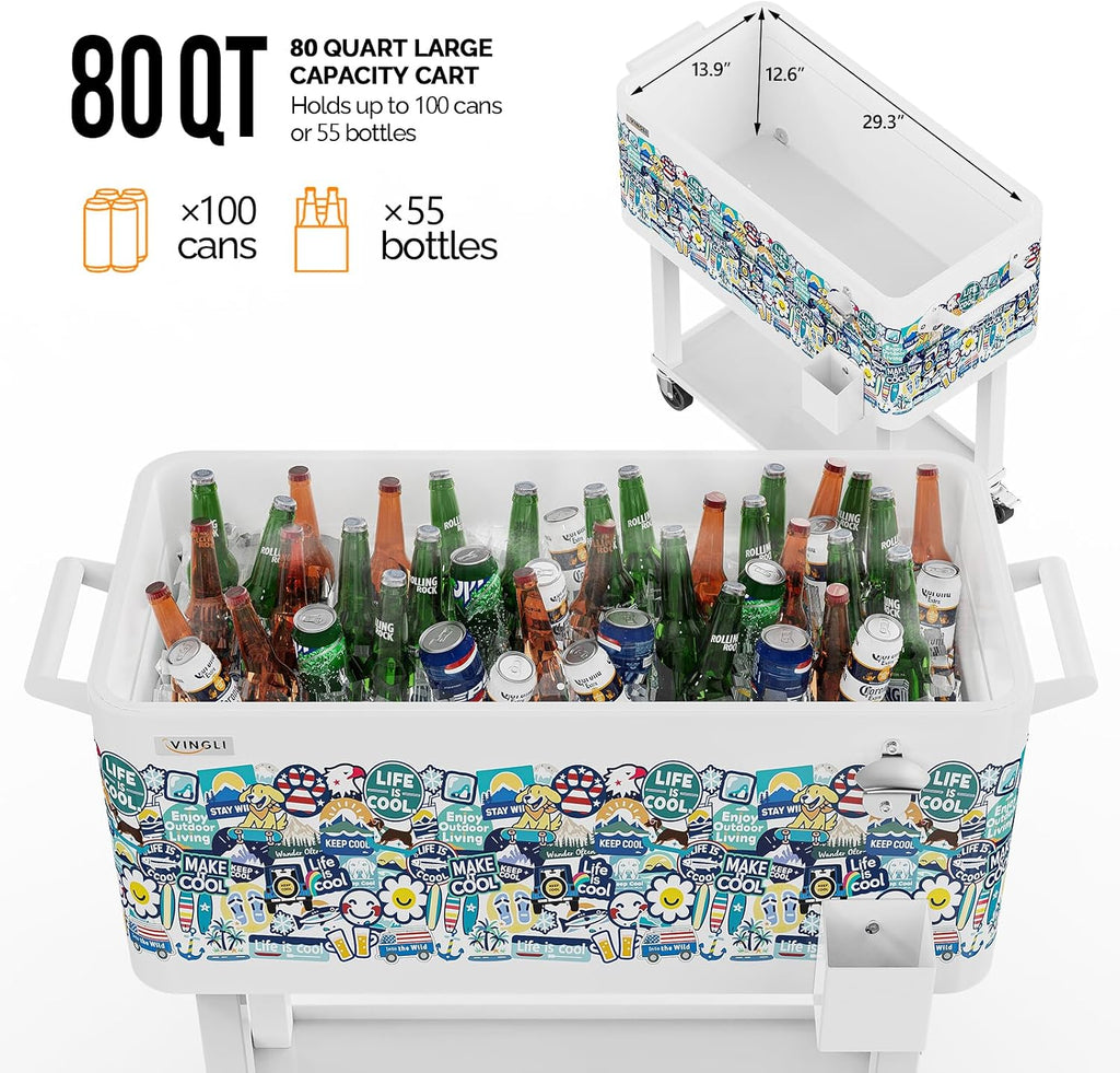 VINGLI Rolling Ice Chest, Portable Patio Party Bar Drink Cooler Cart, with Shelf, Beverage Pool with Bottle Opener