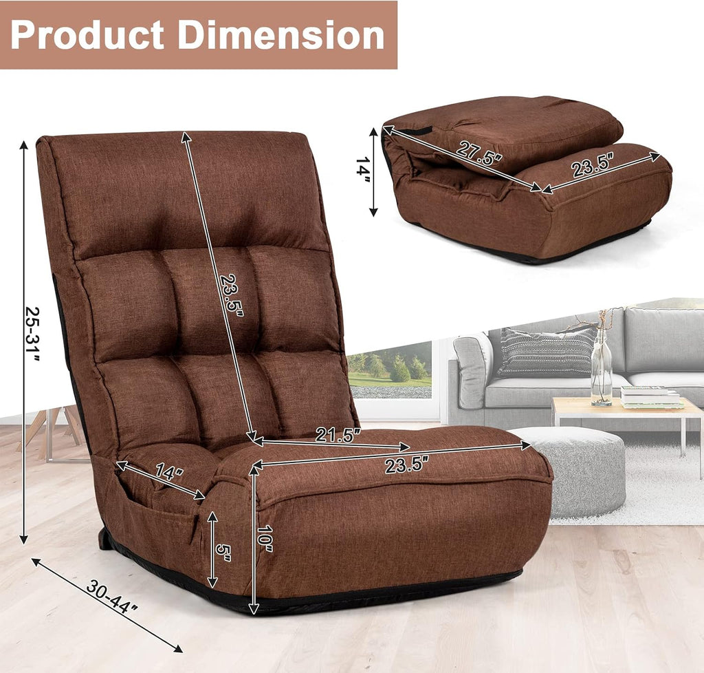 COSTWAY Folding Floor Lounge Chair, Floor Gaming Chair with 5-Position Adjustable Head & 4-Position Adjustable Backrest, Indoor Lazy Sofa Recliner for Bedroom, Living Room (Brown)