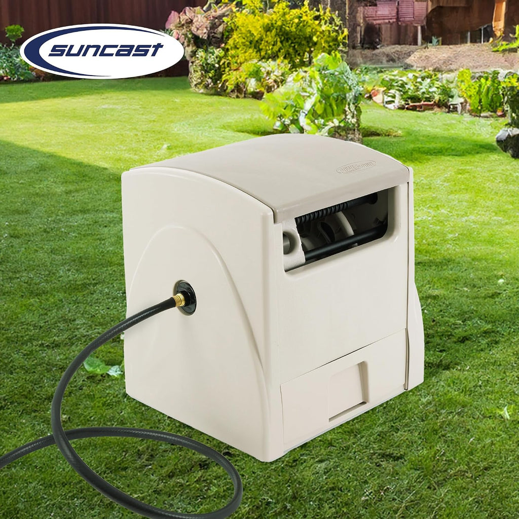 Suncast 2 Pack Automatic Rewind Garden Hose Reel, 100 ft. 5/8 in. Vinyl Hose Holder, Light Taupe