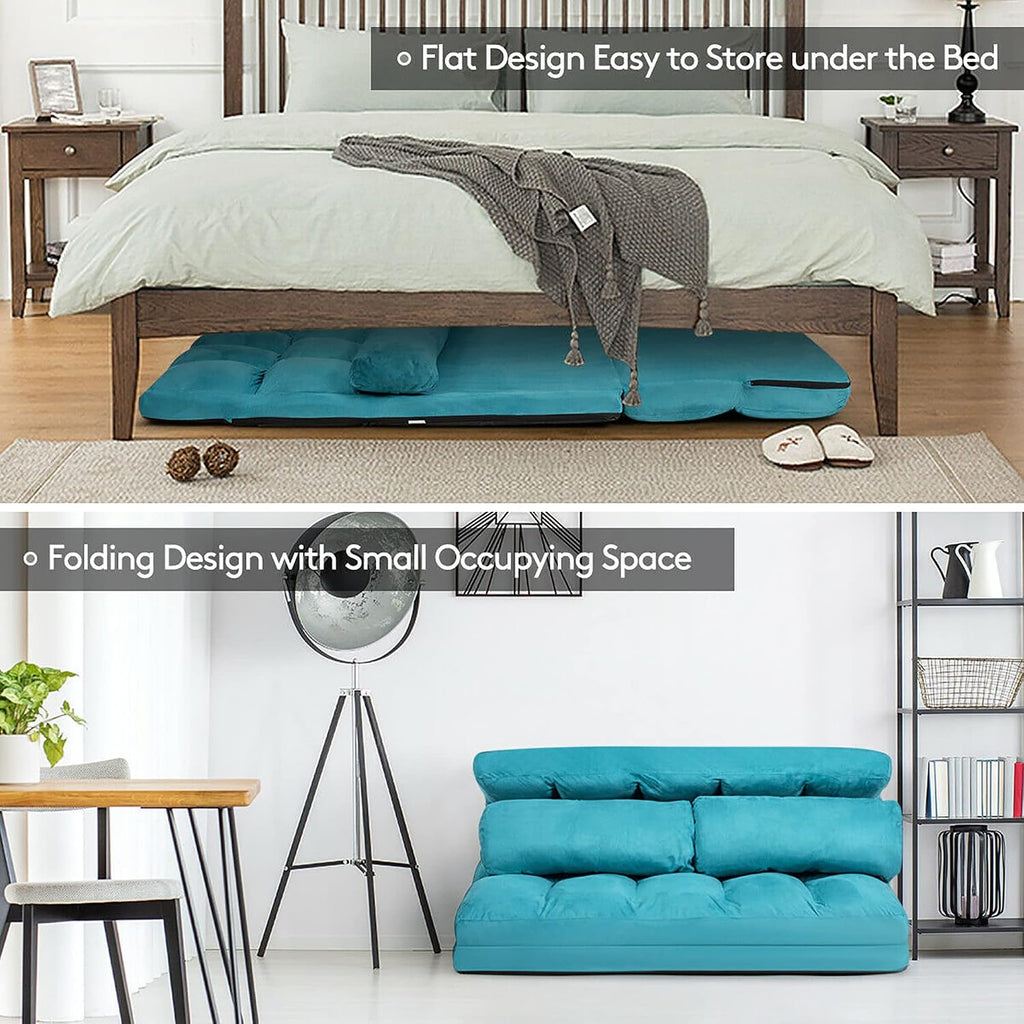 DORTALA Foldable Floor Sofa, 6-Position Adjustable Lounge Couch with 2 Pillows & Suede Cloth Cover, Modern Lounge Mattress Video Gaming Lazy Couch, Suede Floor Seating Sofa, 71' x 44.5', Blue