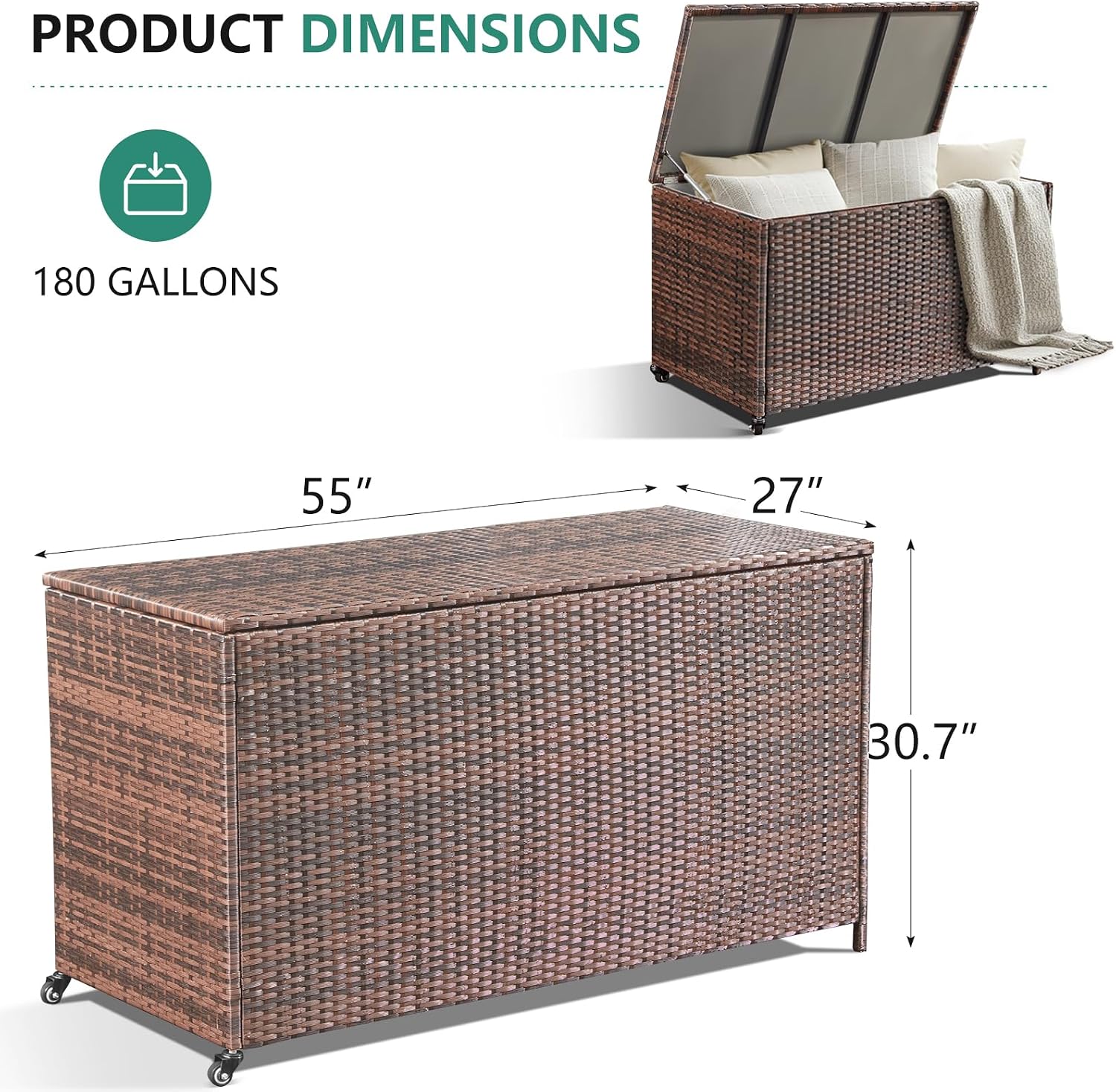 AVAWING 180 Gallon Large Deck Box, Outdoor Wicker Storage Container, Patio Rattan Furniture for Garden Tools, Pillows, Pool, Brown