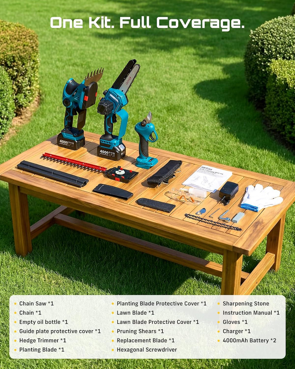 SEESII Electric Chainsaw Trimmer Pruner: 4-in-1 Cordless Chainsaw, Hedge Trimmer, Pruning Shears with 2× Rechargeable 4000mAh Batteries, Garden Tool Kit for Tree Trimming and Branch Cutting