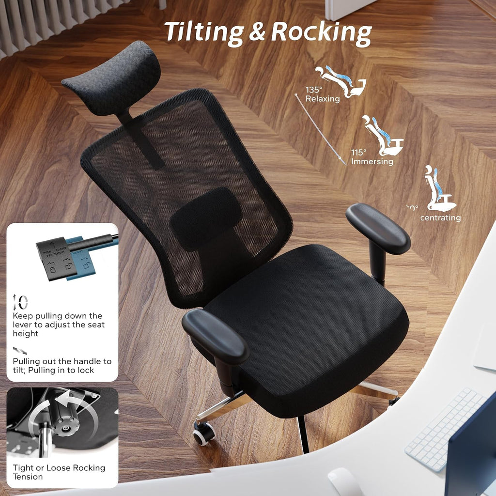Ergonomic Office Chair, Mesh Desk Chair with Adjustable Headrest and 2D Armrest，Computer Chairs with Lumbar Support, Big and Tall Office Chair 400lbs, Large (01black)