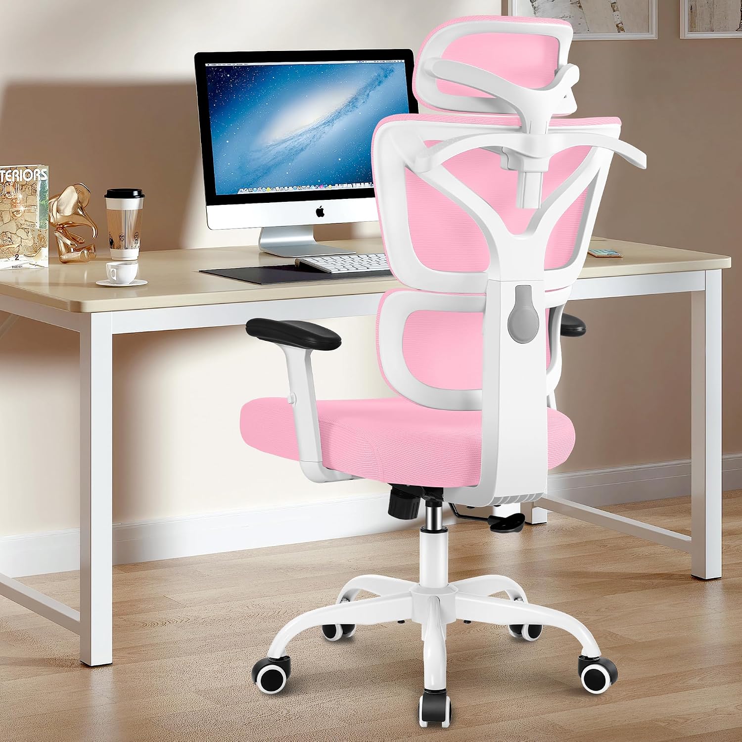 Winrise Office Chair Ergonomic Desk Chair, High Back Gaming Chair, Big and Tall Reclining Chair Comfy Home Office Desk Chair Lumbar Support Breathable Mesh Computer Chair Adjustable Armrests (Pink)
