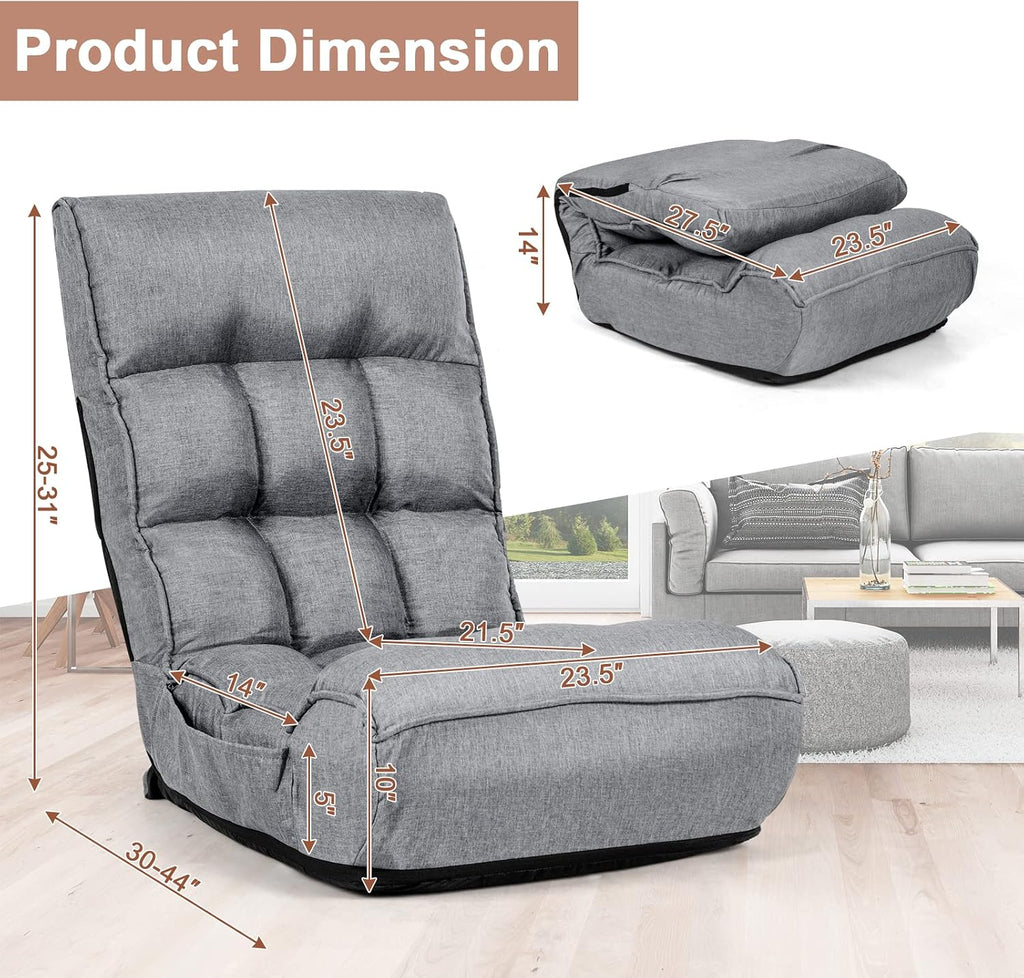COSTWAY Folding Floor Lounge Chair, Floor Gaming Chair with 5-Position Adjustable Head & 4-Position Adjustable Backrest, Indoor Lazy Sofa Recliner for Bedroom, Living Room (Grey)