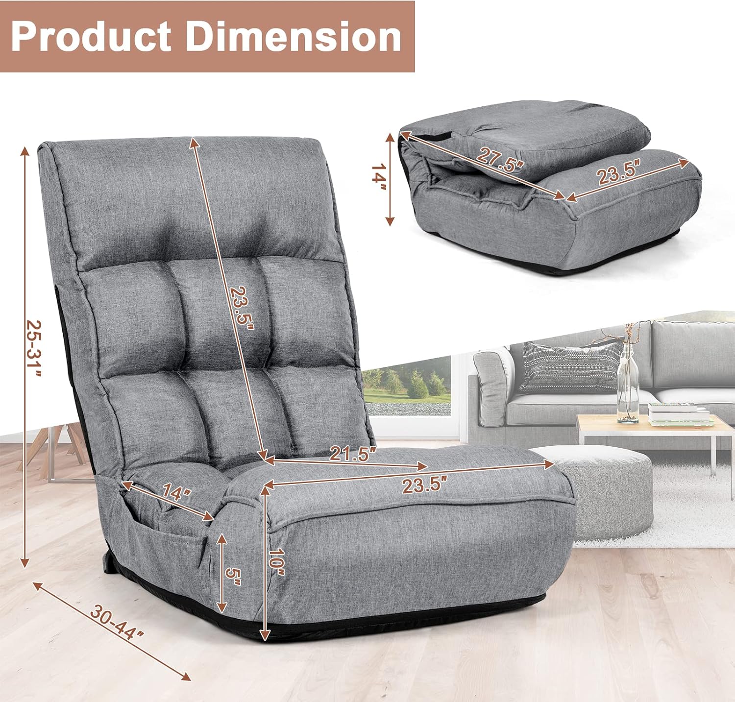 MAT EXPERT Folding Floor Chair, Floor Gaming Chair w/ 4-Position Backrest, 5-Position Adjustable Headrest, Side Pocket, Indoor Floor Chair w/Back Support for Bedroom, Living Room (Grey)