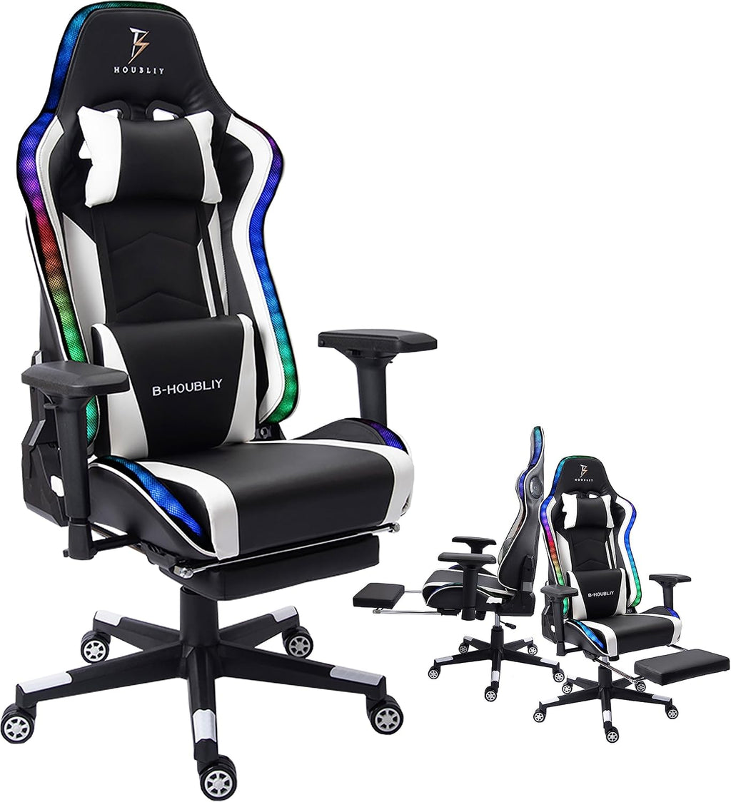 Gaming Chair,Ergonomic Gaming Chair with Speakers and LED Light High Back 7-Point Massage Game Chairs,90°-180°Reclining Gaming Chair,Adults Teens Computer Chair.,White