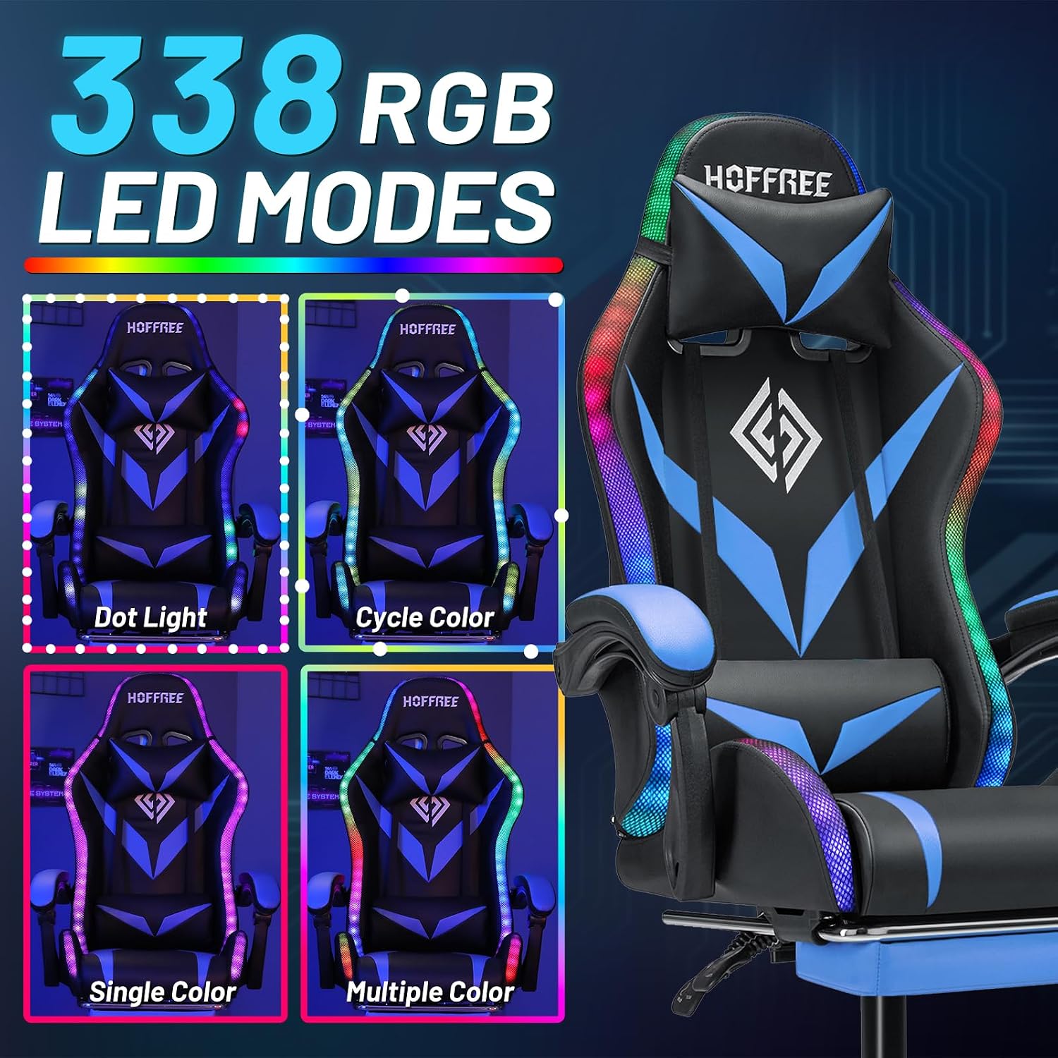 HOFFREE Gaming Chair with Massage and LED Lights Ergonomic Video Game Chairs with Footrest High Back Reclining Computer Chair with Adjustable Lumbar Support Blue and Black