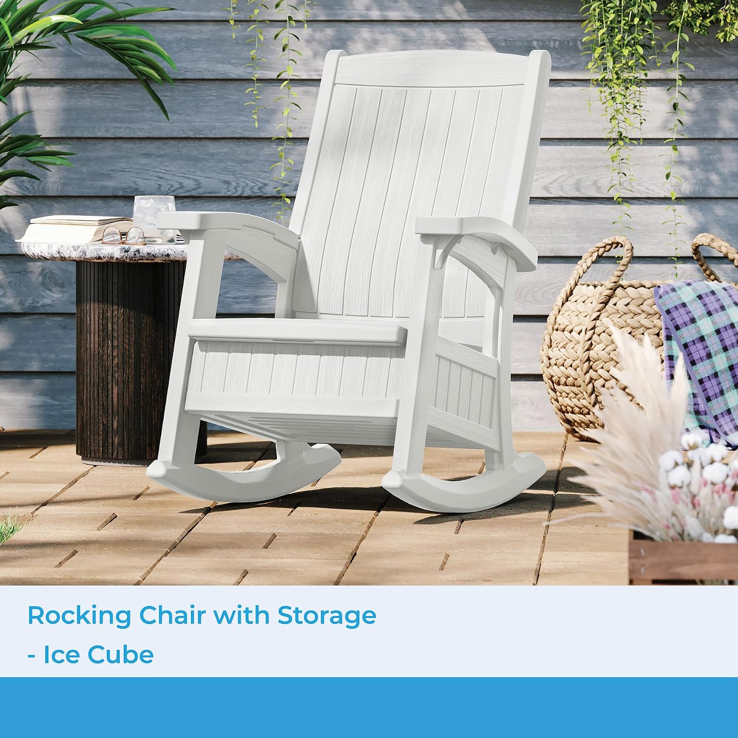 Suncast Outdoor Patio Rocking Chair with 7 Gal. of Under-Seat Storage, Stylish Faux Wood Outdoor Rocker for Patios, Ice Cube