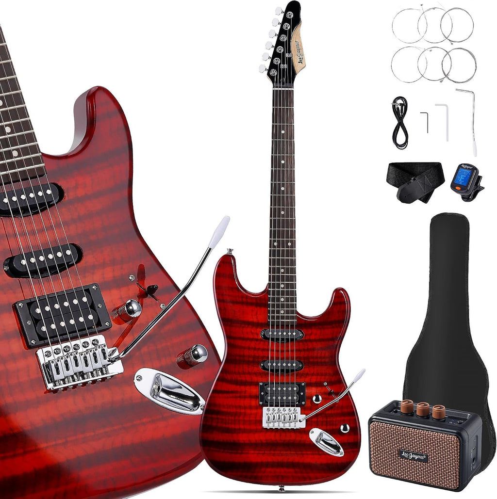 Leo Jaymz 39' Full Size ST Style Electric Guitar Starter Kit with SSH Pickup, 5W Portable Amp, Tuner, Gig Bag, Strap & Accessories (Red Flame)