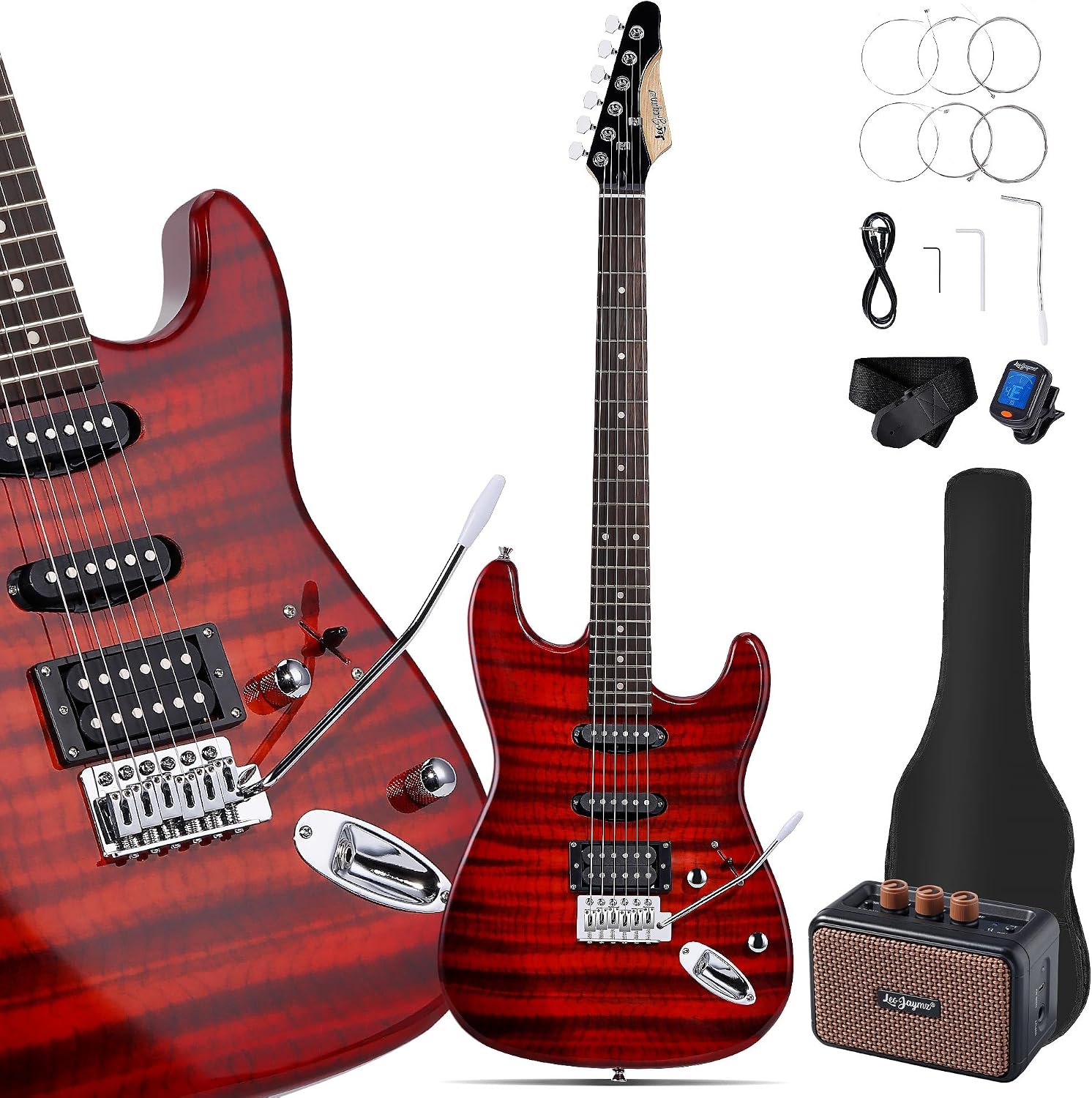 Leo Jaymz 39' Full Size ST Style Electric Guitar Starter Kit with SSH Pickup, 5W Portable Amp, Tuner, Gig Bag, Strap & Accessories (Red Flame)