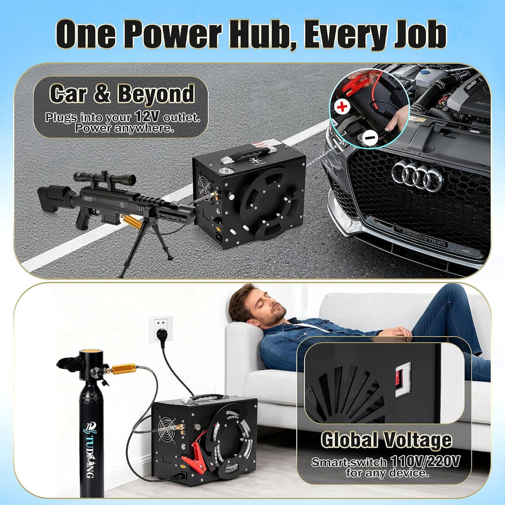 TUXING PCP Air Compressor,4500Psi 30Mpa High Pressure Air Pump, Built-in DC12V/AC120V Power Converter,Auto-Stop,Oil&Water-Free,Paintball and Scuba Tank Compressor Pump(TXES062)