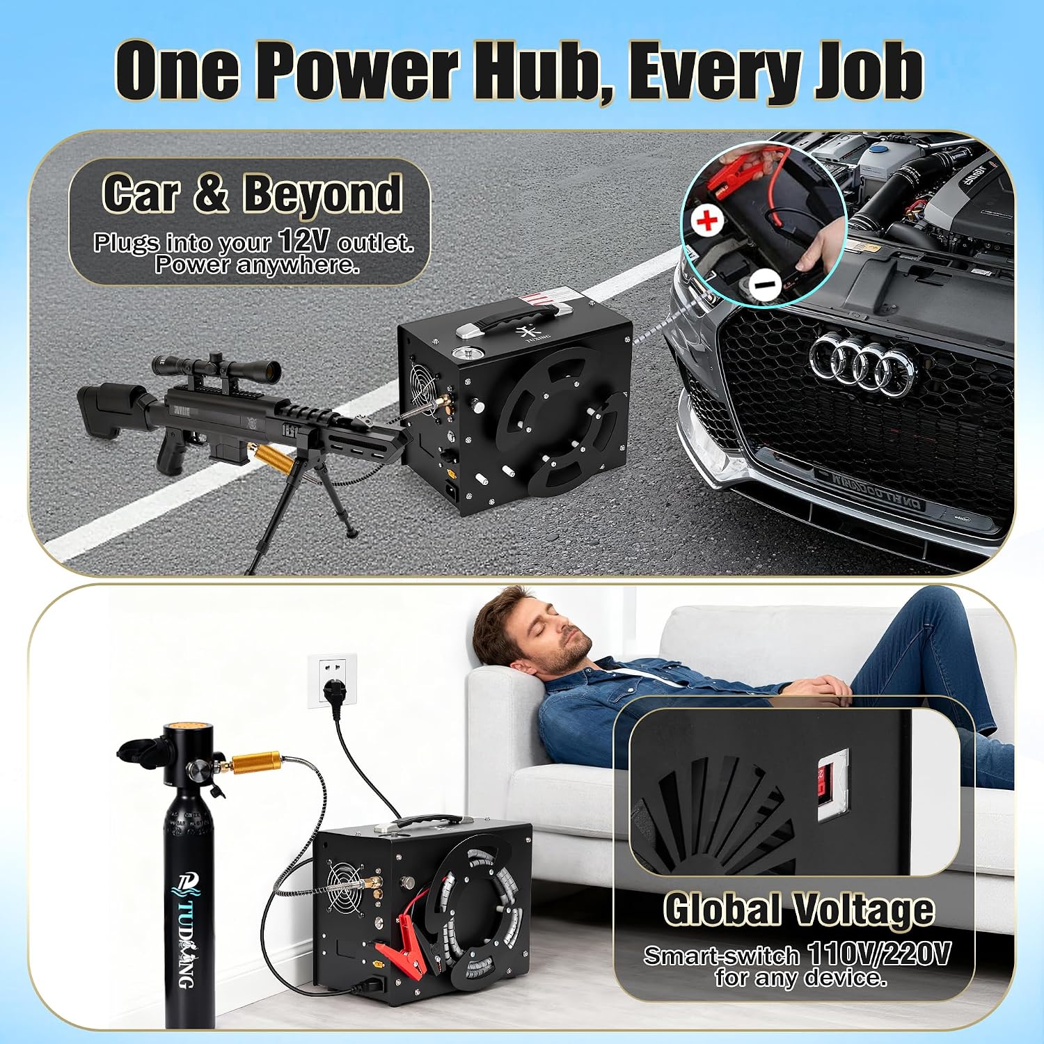 TUXING PCP Air Compressor,4500Psi 30Mpa High Pressure Air Pump, Built-in DC12V/AC120V Power Converter,Auto-Stop,Oil&Water-Free,Paintball and Scuba Tank Compressor Pump(TXES062)