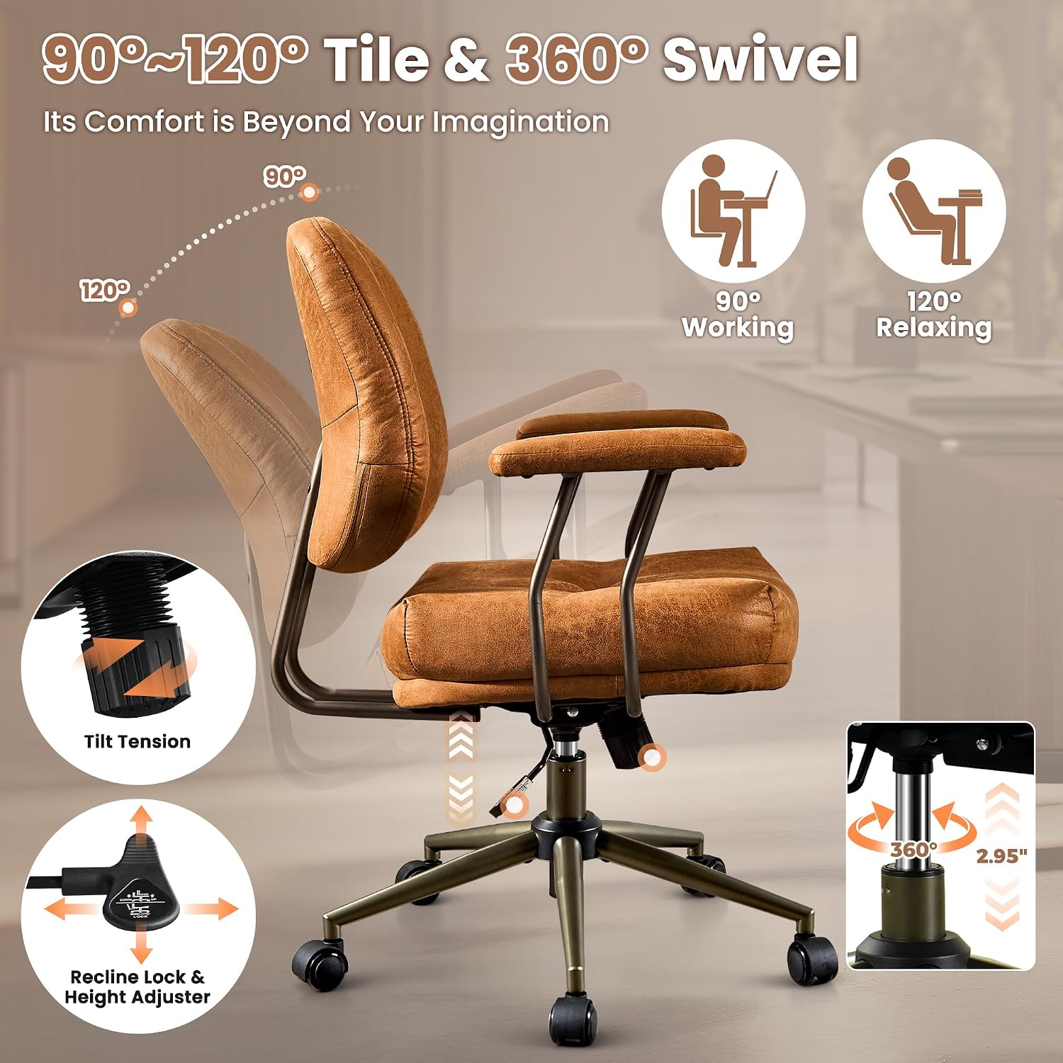 ovios Ergonomic Office Chair, Mid Back Faux Leather Executive Chairs with Thick Cushion, Comfy Mid-Century Modern Swivel Rolling Computer Armchair (Brown, Suede Leather)