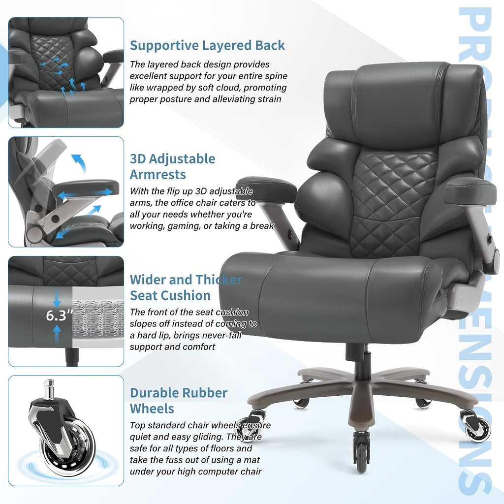VUZI 700lbs Big and Tall Office Chair-Large Computer Chair with Adjustable Lumbar Support 3D Flip Arms Plus Size Wheels, High Back Executive Desk Chair, Heavy Duty Metal Base, Thick Padded Wide Seat