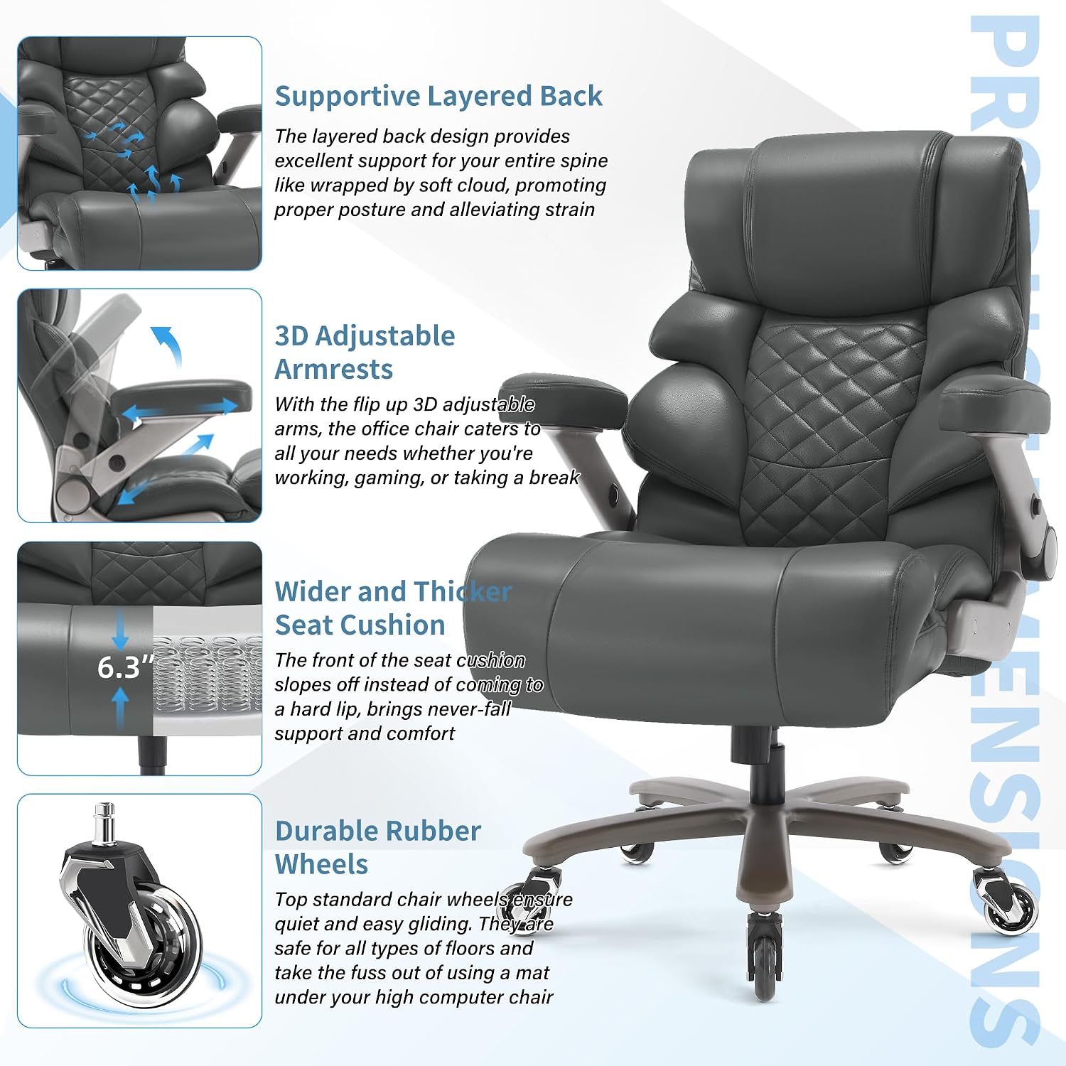 VUZI 700lbs Big and Tall Office Chair-Large Computer Chair with Adjustable Lumbar Support 3D Flip Arms Plus Size Wheels, High Back Executive Desk Chair, Heavy Duty Metal Base, Thick Padded Wide Seat