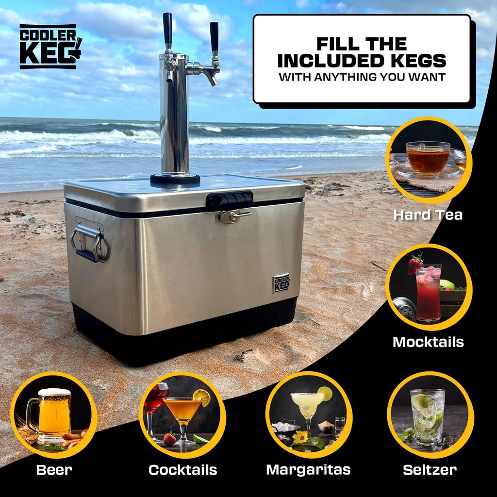 Portable Kegerator Stainless Steel Insulated Draft System: 2 Refillable 1.75 Gallon Kegs, 24 Hours Ice Cold, No Electricity, Dual Taps, 4 CO2 Cartridges. Beer, Mixed Drinks, Cocktails, Mead