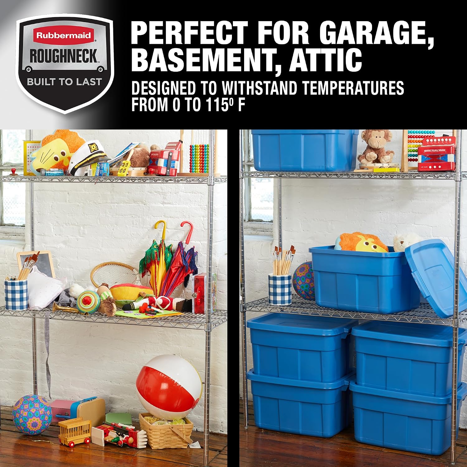 Rubbermaid Roughneck Tote 14 Gal, 6 Pack, Made in USA, Heritage Blue, Rugged Plastic Stackable Storage Bins with Lids and Handles