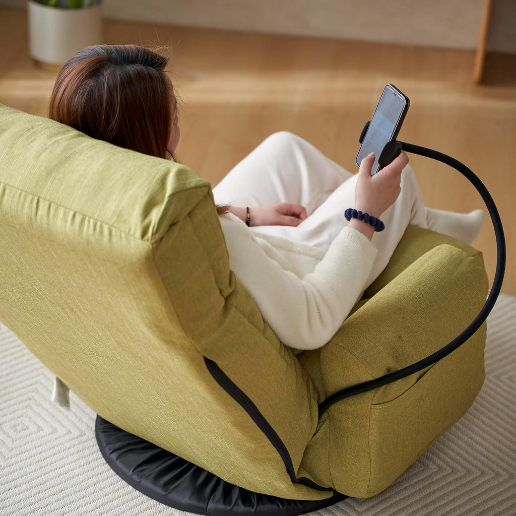 Yoglad Japanese Style Chaise Lounge Sofa with Phone Holder, 360-Degree Swivel Chair Floor Gaming Chair Lazy Sofa for Reading Game Meditating, 3 Adjustable Positions (Linen Lime Green)