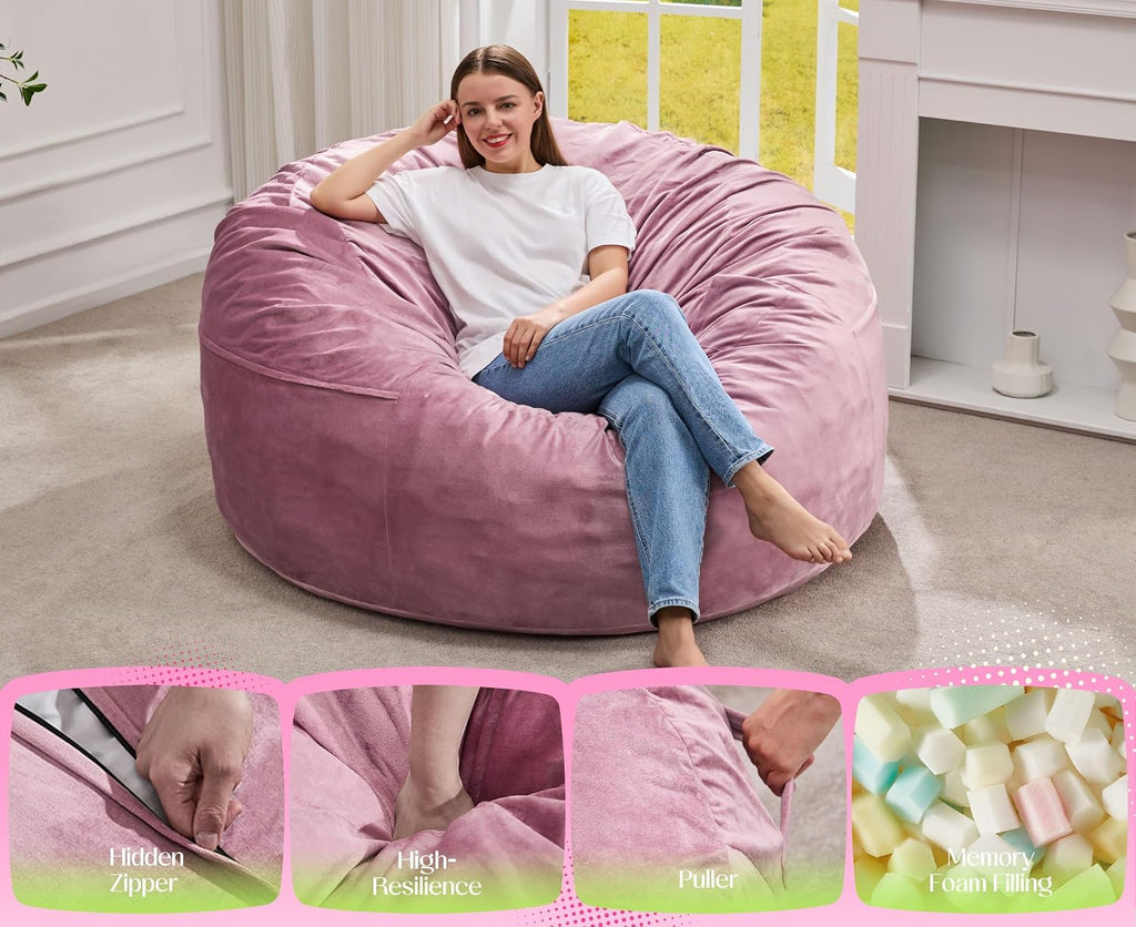 Hobestluk Giant Bean Bag Chair Bed for Adults, Large Bean Bags with High-Density Foam Filling, Convertible Big Sofa Bed Couch for Living Room, Bedroom, Playroom (Pink, Queen)