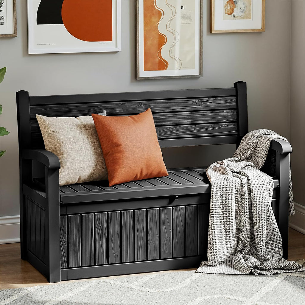 80 Gallon Outdoor Storage Bench Spacious Storage Box Waterproof Resin Deck Box Lockable for Patio, Garden, Living Room & Outdoor Spaces（Black）