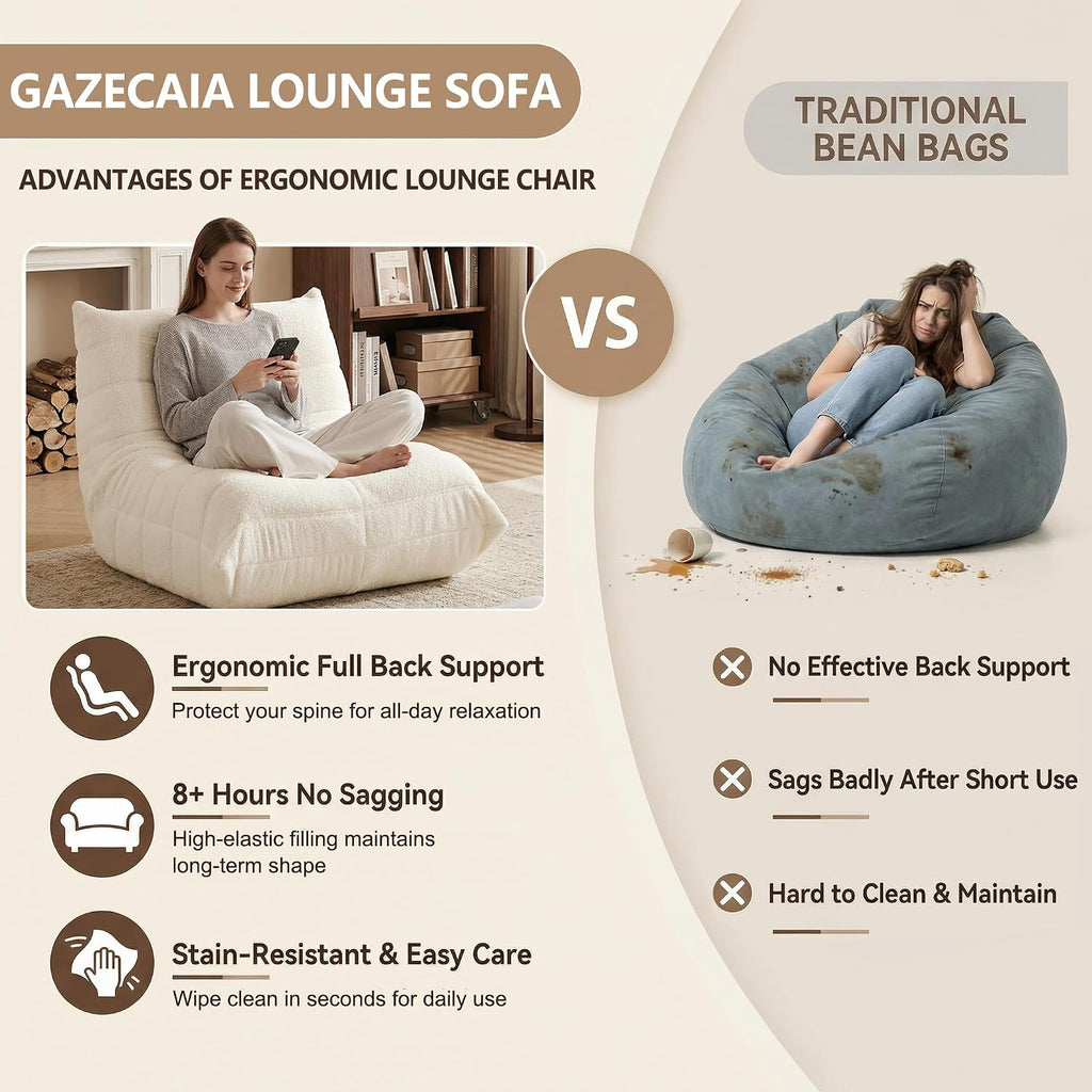 Gazecaia Comfy Bean Bag Chair for Adults Teens | Fireside Floor Lounge Chair, Soft Teddy High-Resilience Memory Foam Bean Bag Couch with Non-Slip Base, for Living Room Bedroom Apartment Office, Beige