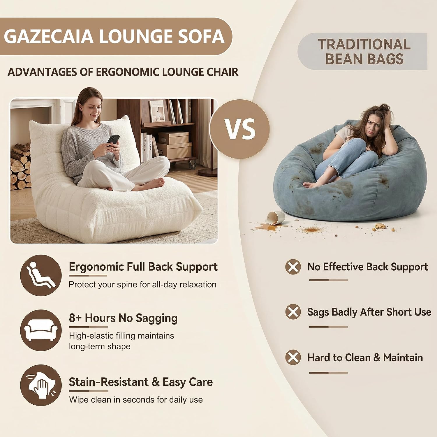 Gazecaia Comfy Bean Bag Chair for Adults Teens | Fireside Floor Lounge Chair, Soft Teddy High-Resilience Memory Foam Bean Bag Couch with Non-Slip Base, for Living Room Bedroom Apartment Office, Beige