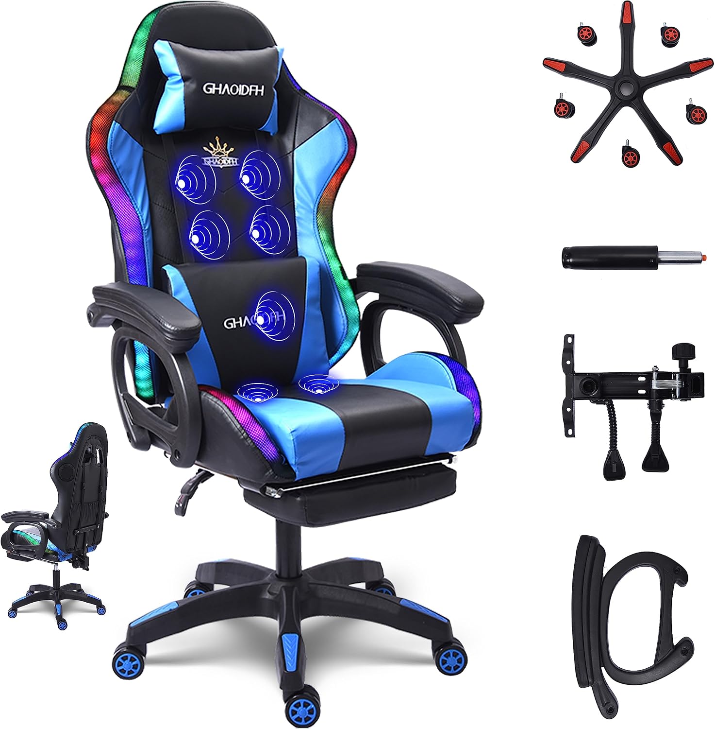 Gaming Chair with LED Lights and Speakers, Ergonomic Gaming Chair with Massage and Footrest,Comfortable Computer Reclining with Headrest and Lumbar Support,Video Game Chair for Adults Kids.,B