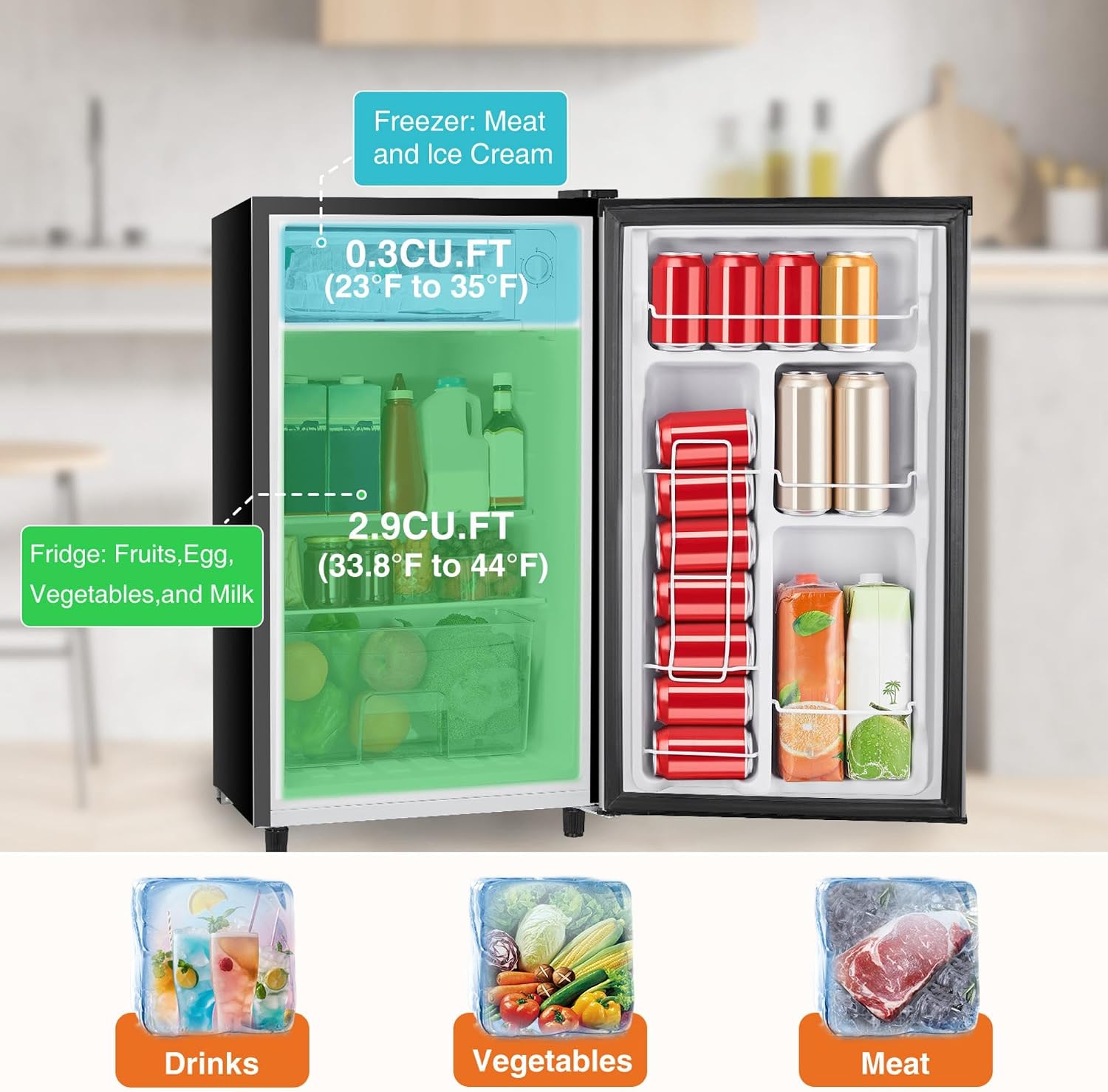 Sweetcrispy 3.2 Cu.Ft Mini Fridge with Freezer Small Refrigerator Single Door Adjustable Thermostat Energy-efficient Low Noise, Compact Fridge for Bedroom, Office, Dorm (Silver Door)