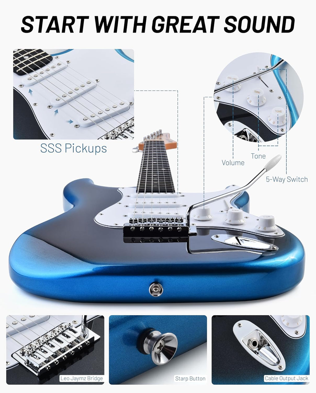 Leo Jaymz Beginner Electric Guitar Complete Kit with Portable Amp, Padded Gig Bag & Full Accessories, Maple Neck SSS Pickups (Blue-Black Fade)