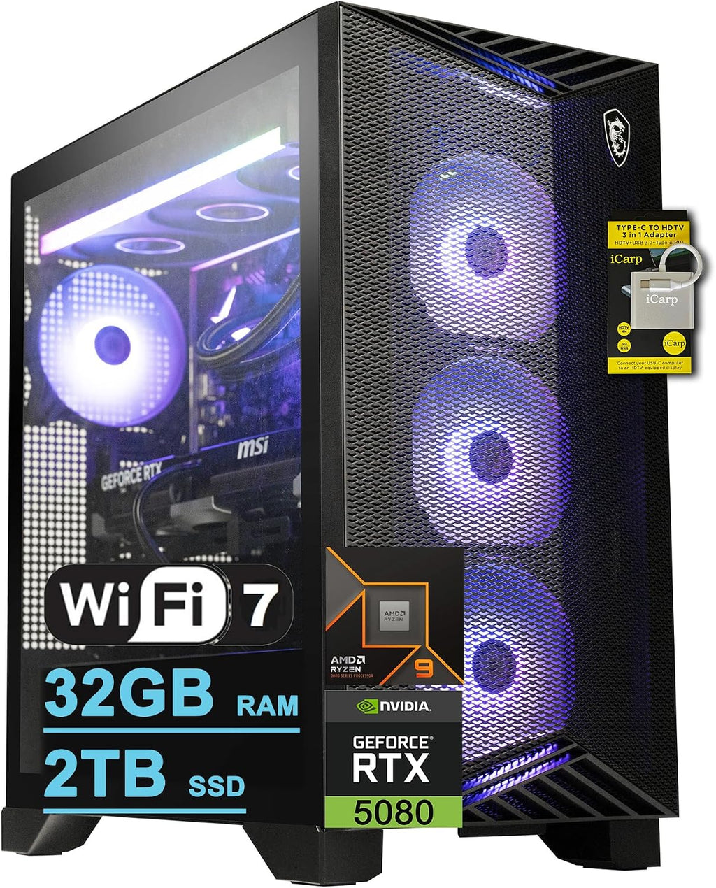 msi Aegis ZS2 Gaming Desktop AMD 12-core Zen 5 Ryzen 9 9900X 32GB RAM 2TB SSD GeForce RTX 5080 DLSS 4 360mm Liquid Cooler 850W 80+ Gold PSU Support HDD Win11 w/ICP Hub