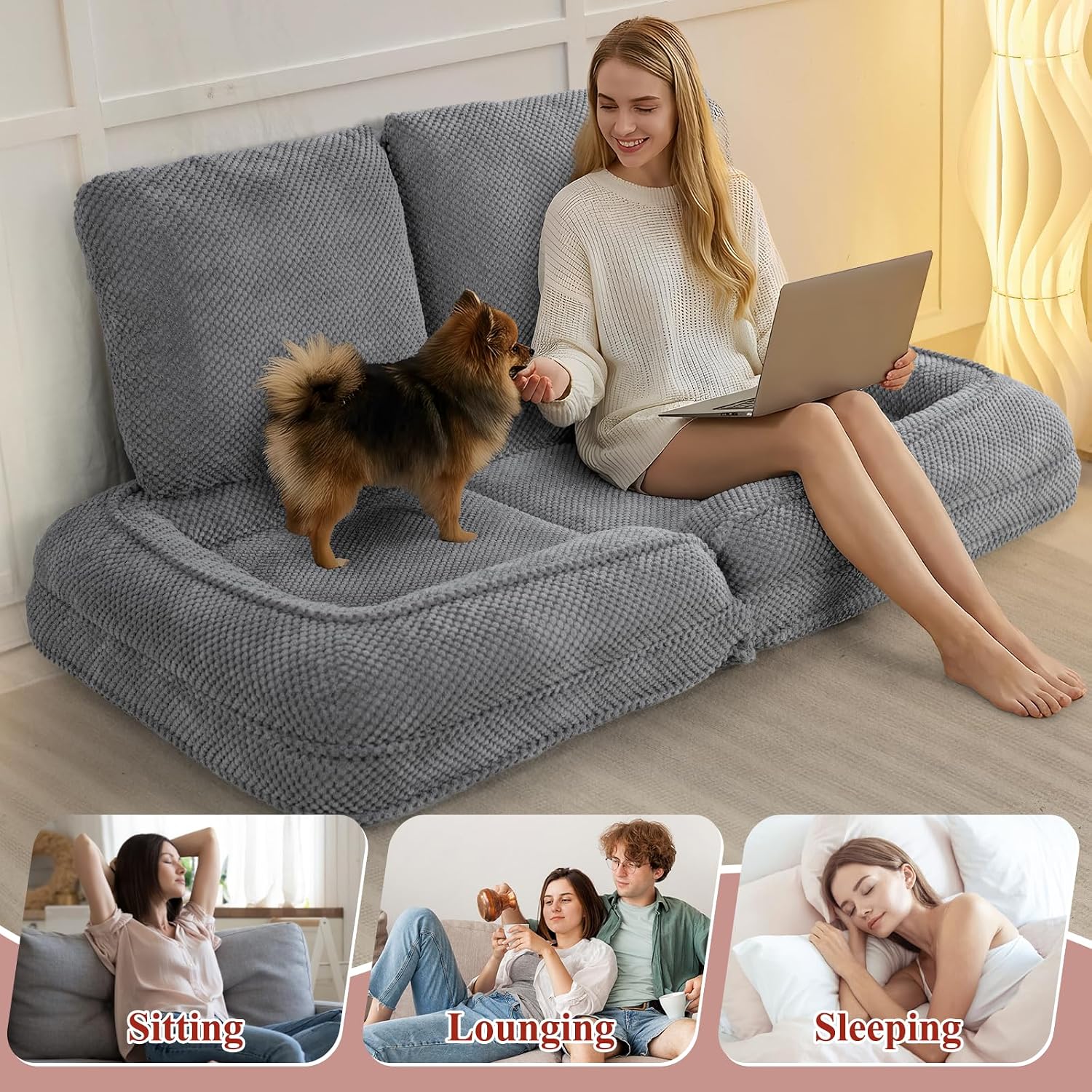 Human Dog Bed, Lazy Sofa Couch, Plush Floor Gaming Chair,5 Adjustable Position, sit, Sleep, fold, Suit to Put in Bedroom, Living Room,Space Saving Design (Gray)
