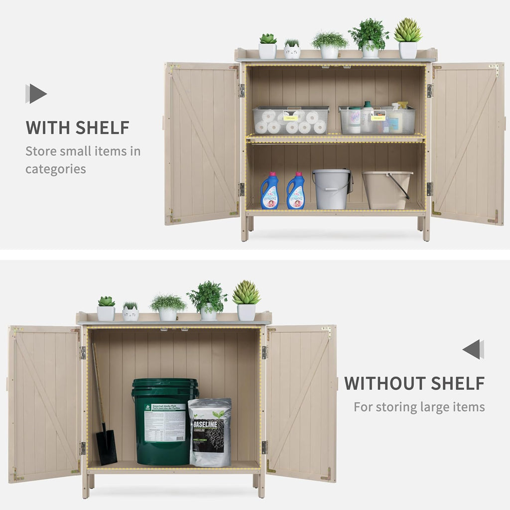 HABAU Outdoor Storage Cabinet with Potting Bench & Metal Tabletop, Wooden Planting Workstation for Garden Patio, Weatherproof