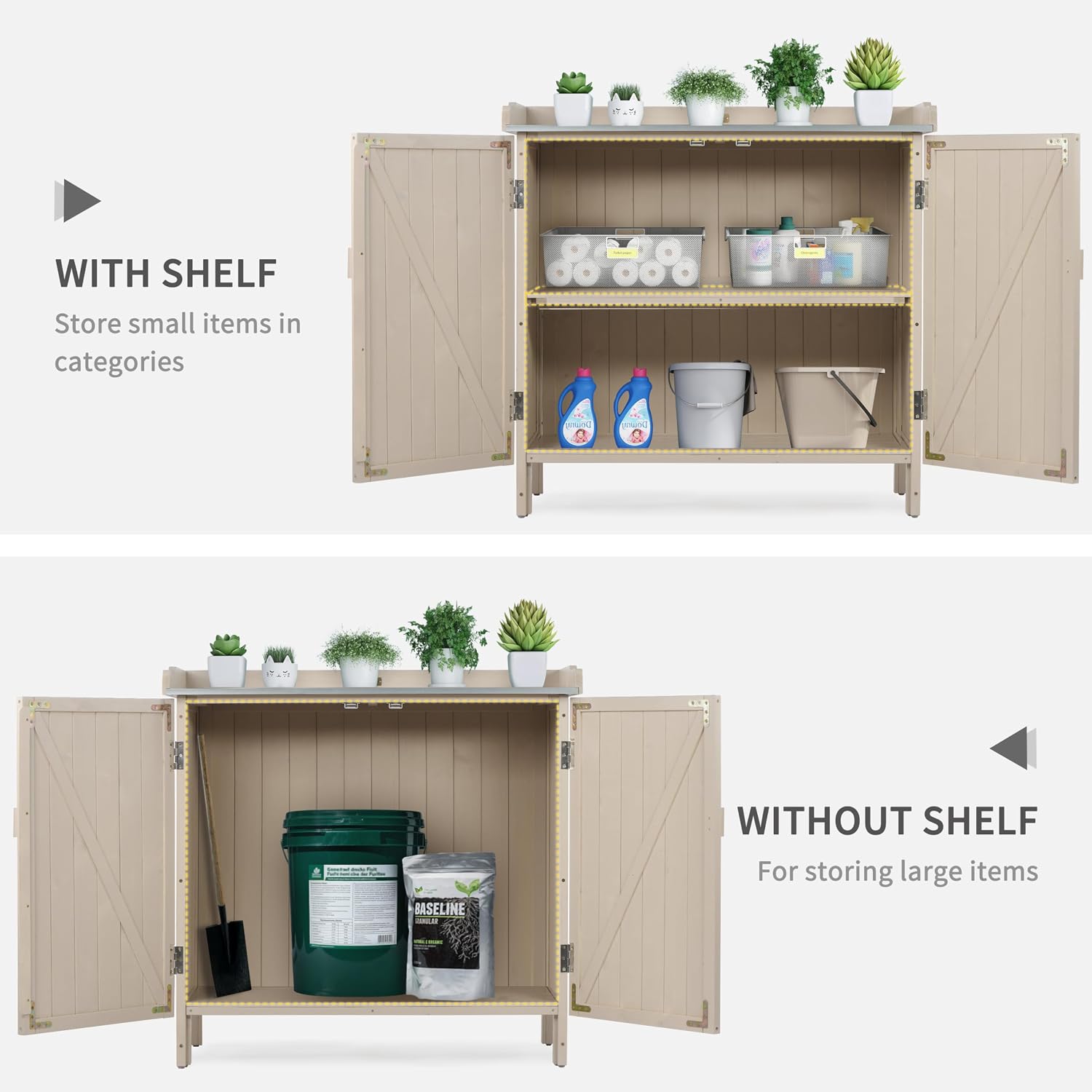 HABAU Outdoor Storage Cabinet with Potting Bench & Metal Tabletop, Wooden Planting Workstation for Garden Patio, Weatherproof