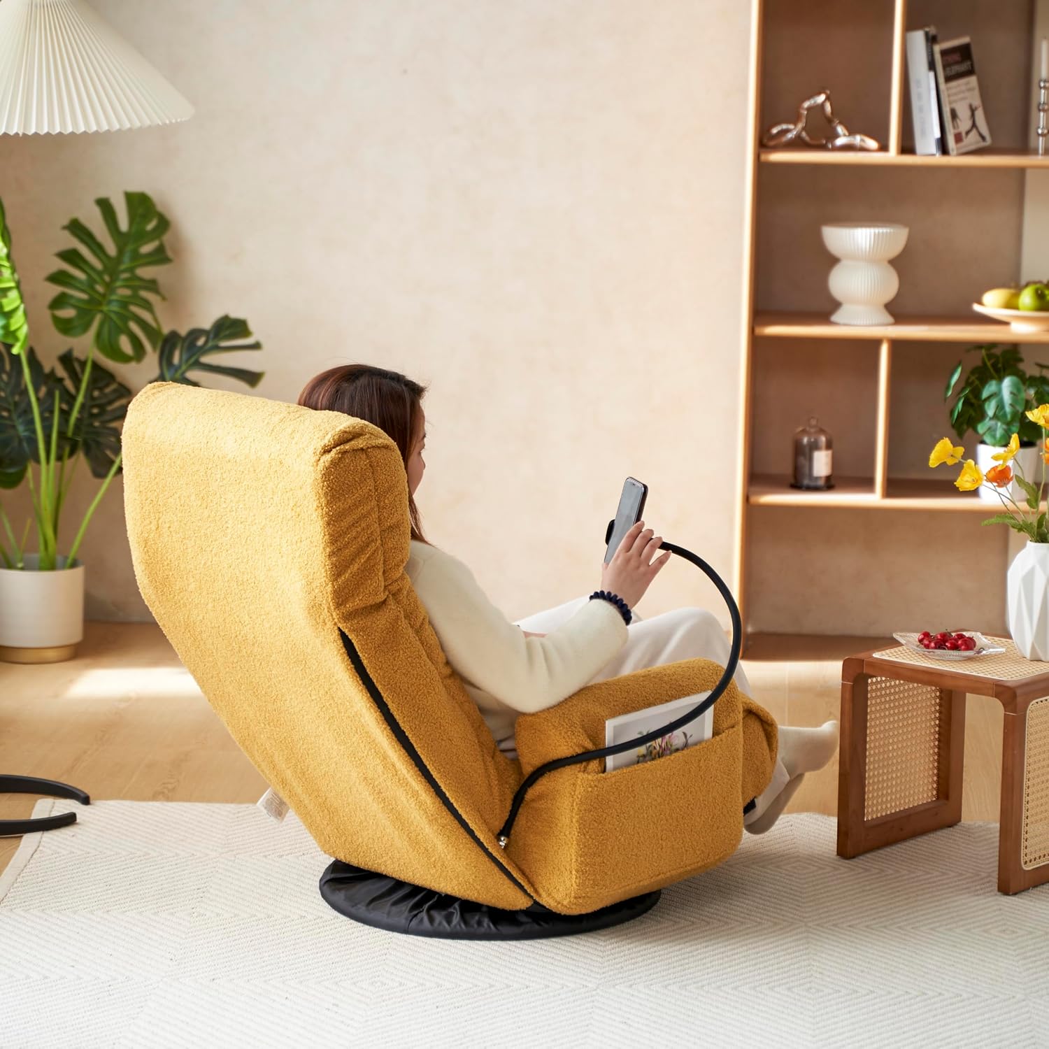 Yoglad Japanese Style Chaise Lounge Sofa with Phone Holder, 360-Degree Swivel Chair Floor Gaming Chair Lazy Sofa for Reading Game Meditating, 3 Adjustable Positions (Teddy Yellow)