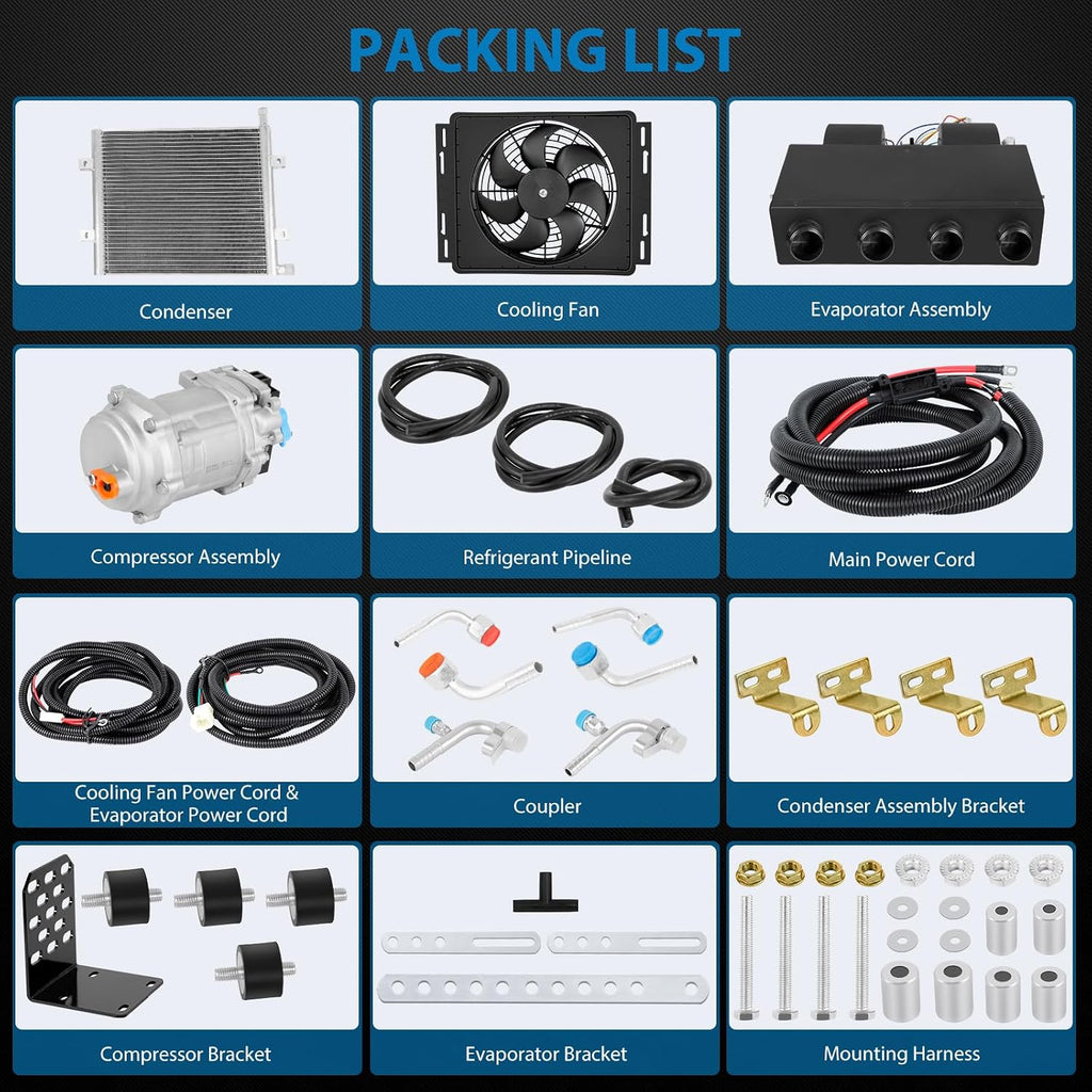 Universal 12 Volt DC Under Dash Air Conditioner Heating and Cooling 10000 BTU A/C Unit Kit, Electric Heater System with Evaporator Condenser Compressor for Classical Car Van Truck ATV Pickup Tractor