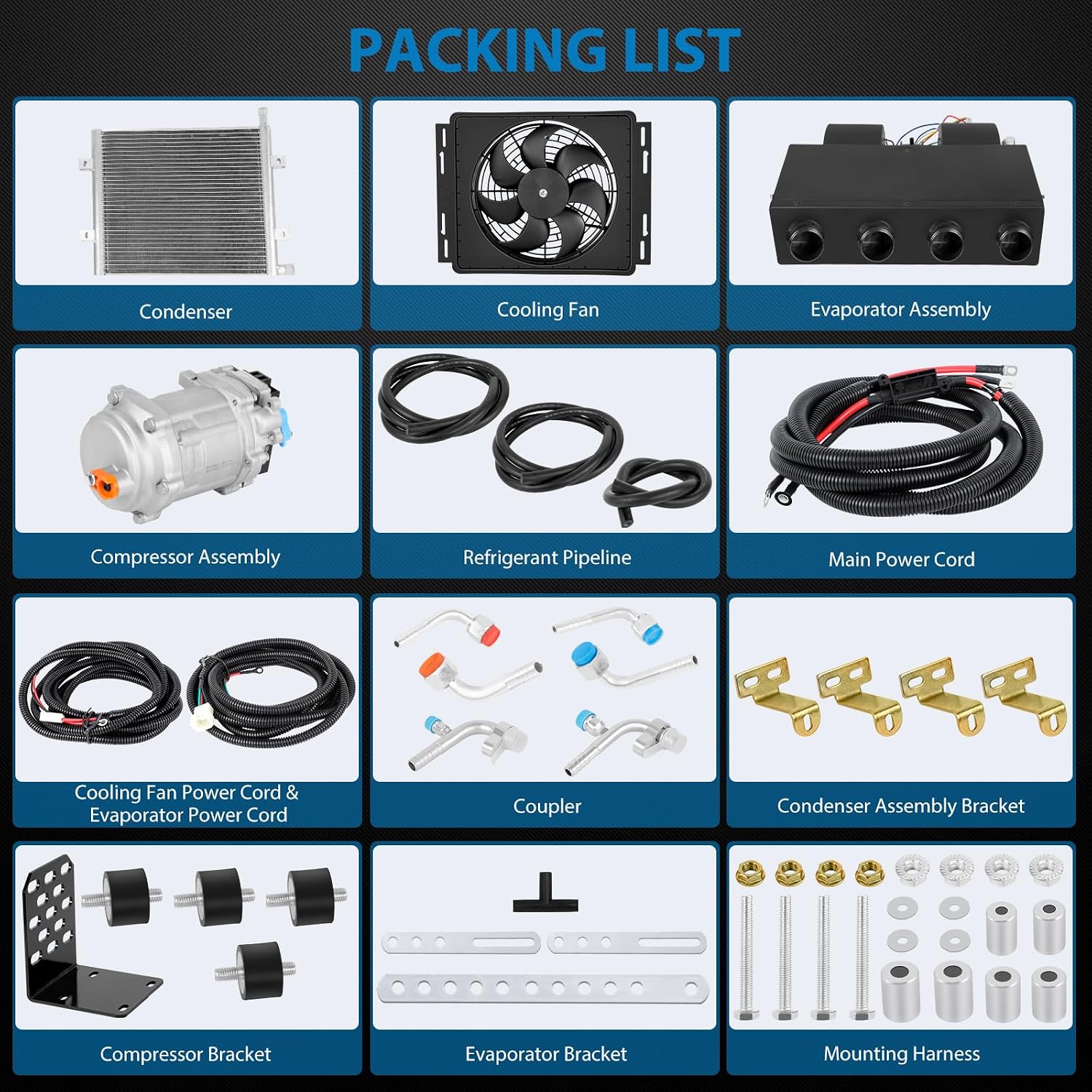 Universal 12 Volt DC Under Dash Air Conditioner Heating and Cooling 10000 BTU A/C Unit Kit, Electric Heater System with Evaporator Condenser Compressor for Classical Car Van Truck ATV Pickup Tractor