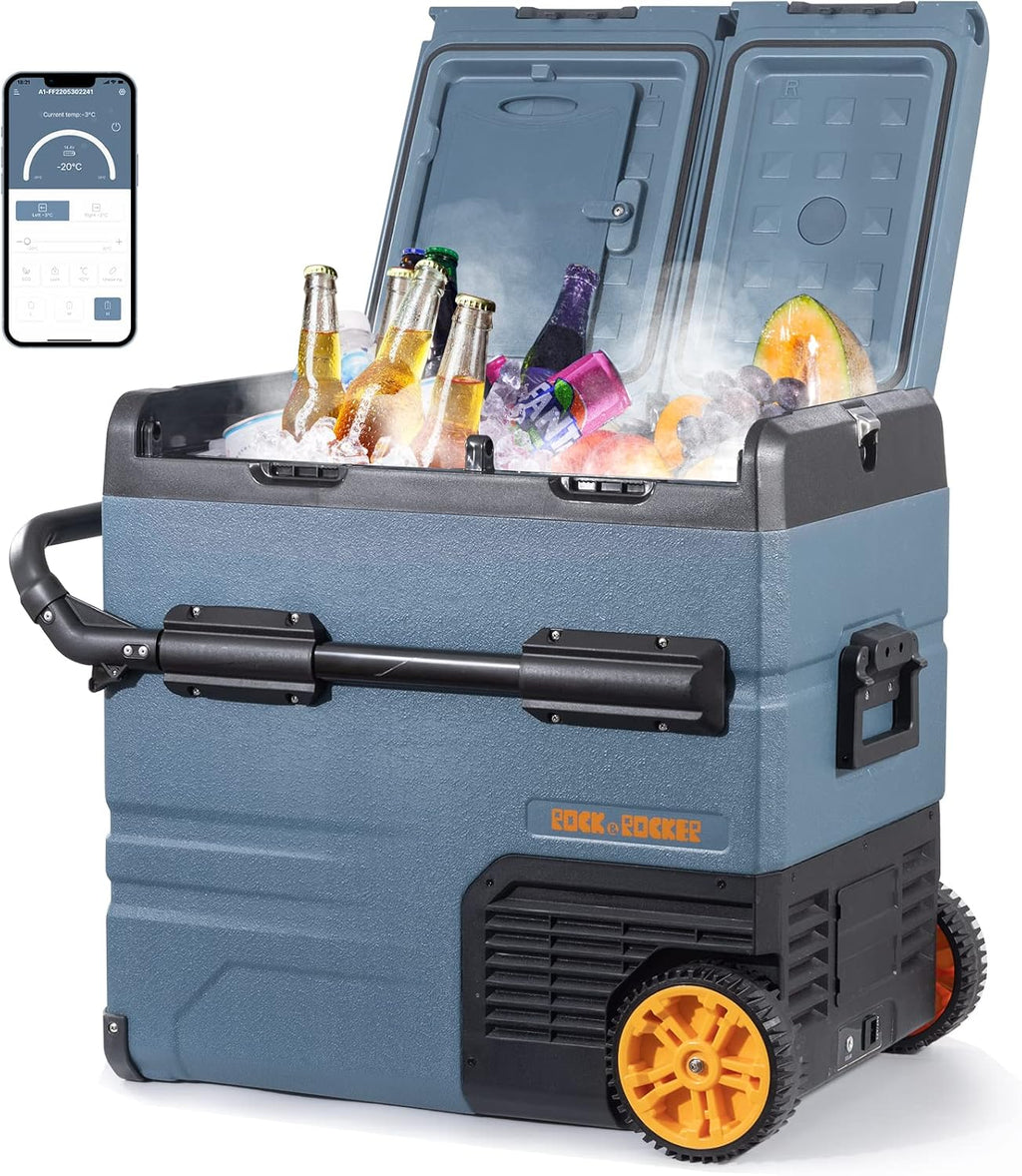 Rock&Rocker 12 Volt Car Refrigerator,59 Quart (55L) 12v Portable refrigerator,Car Fridge Freezer, -4℉-68 Car Cooler 12/24V DC and 100-240V AC for RV, Outdoor Camping APP Control