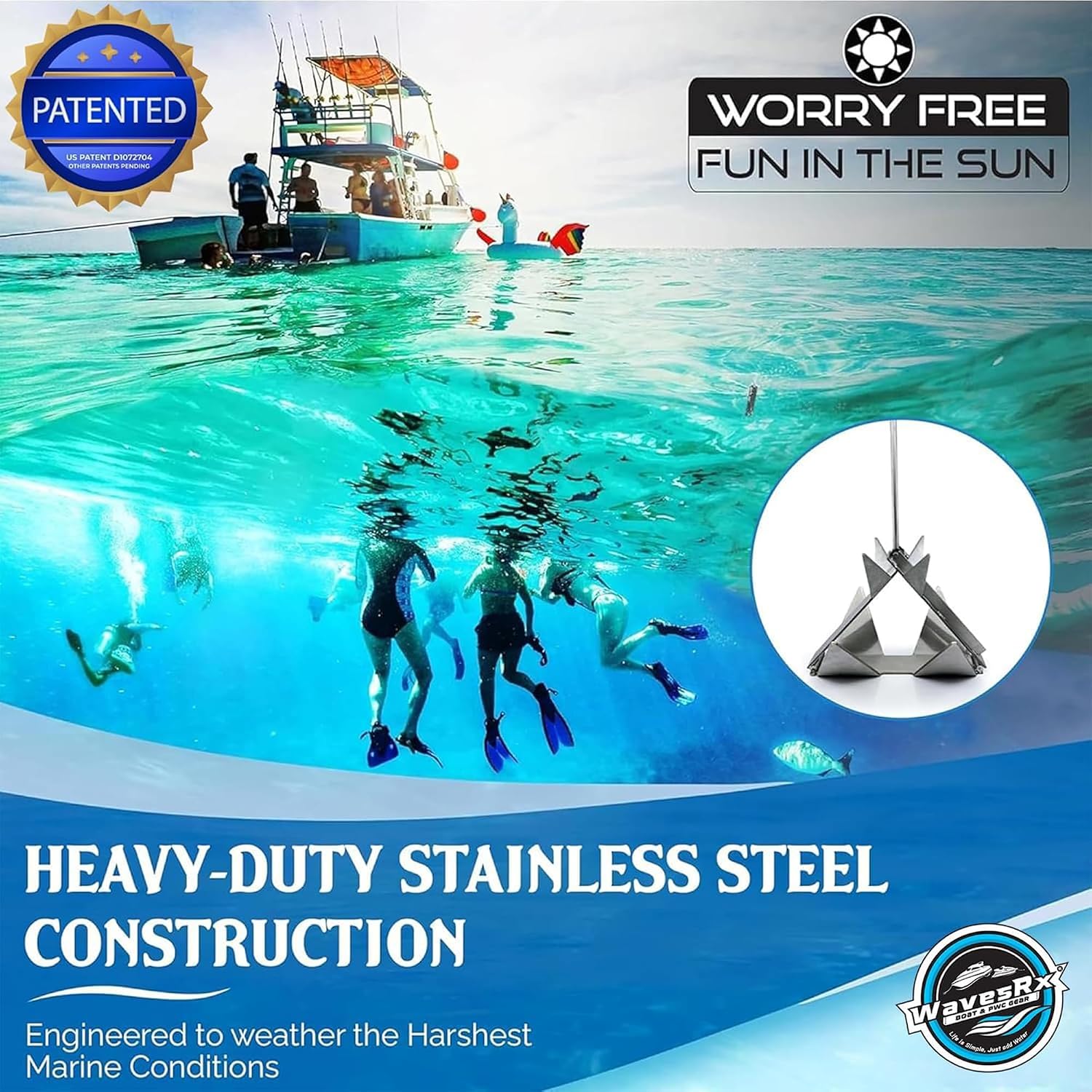 WAVESRX TriAnchor - Stainless Steel Folding PWC & Boat Anchor | Sets Instantly for Effortless Boat & Jet Ski Anchoring | Compact Patent-Pending Design Grips Better Than Plow, Fluke or Box Anchor