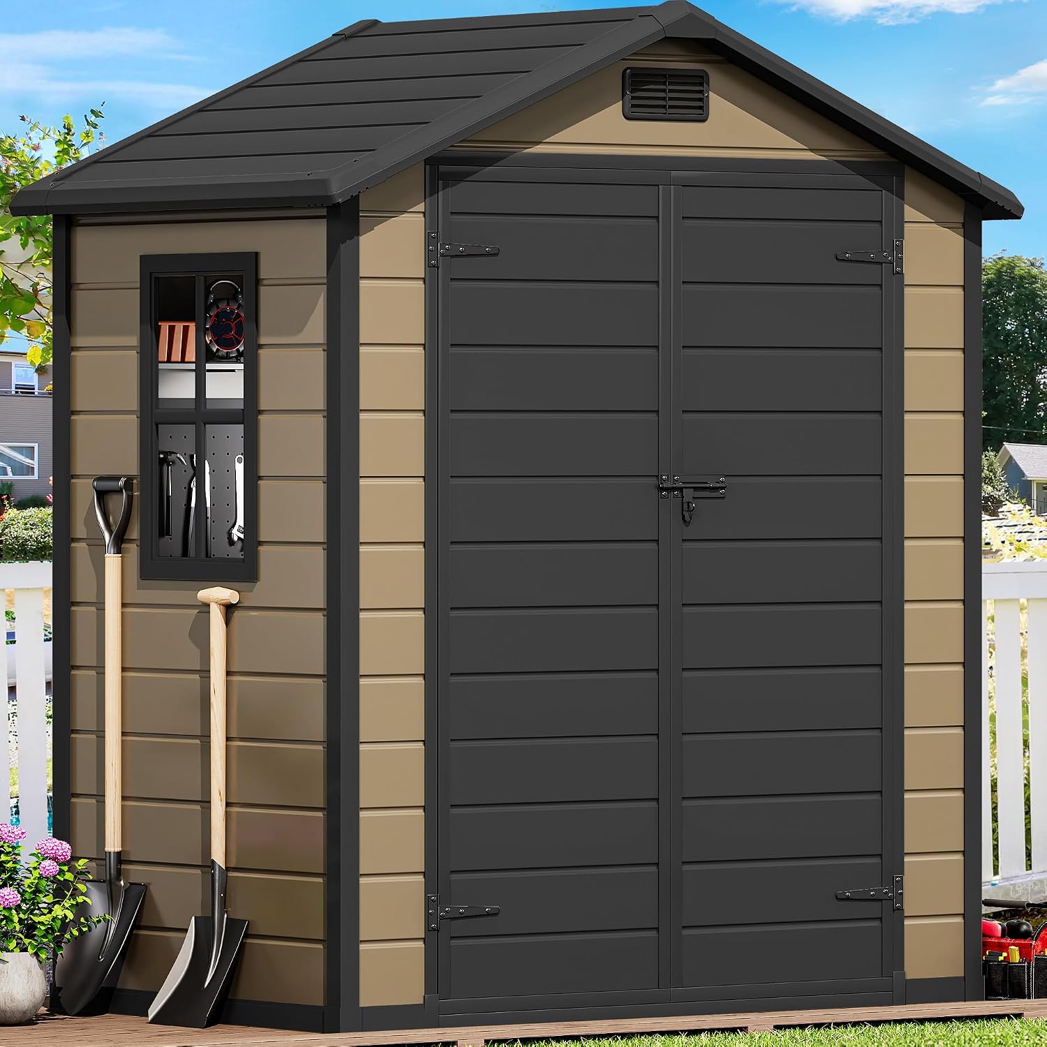 DWVO 6x4 FT Resin Storage Shed with Floor, Outdoor Storage Shed with Lockable Door, Window and Vents, Waterproof Plastic Tool Storage for Garden, Backyard, Patio, Lawn, Brown