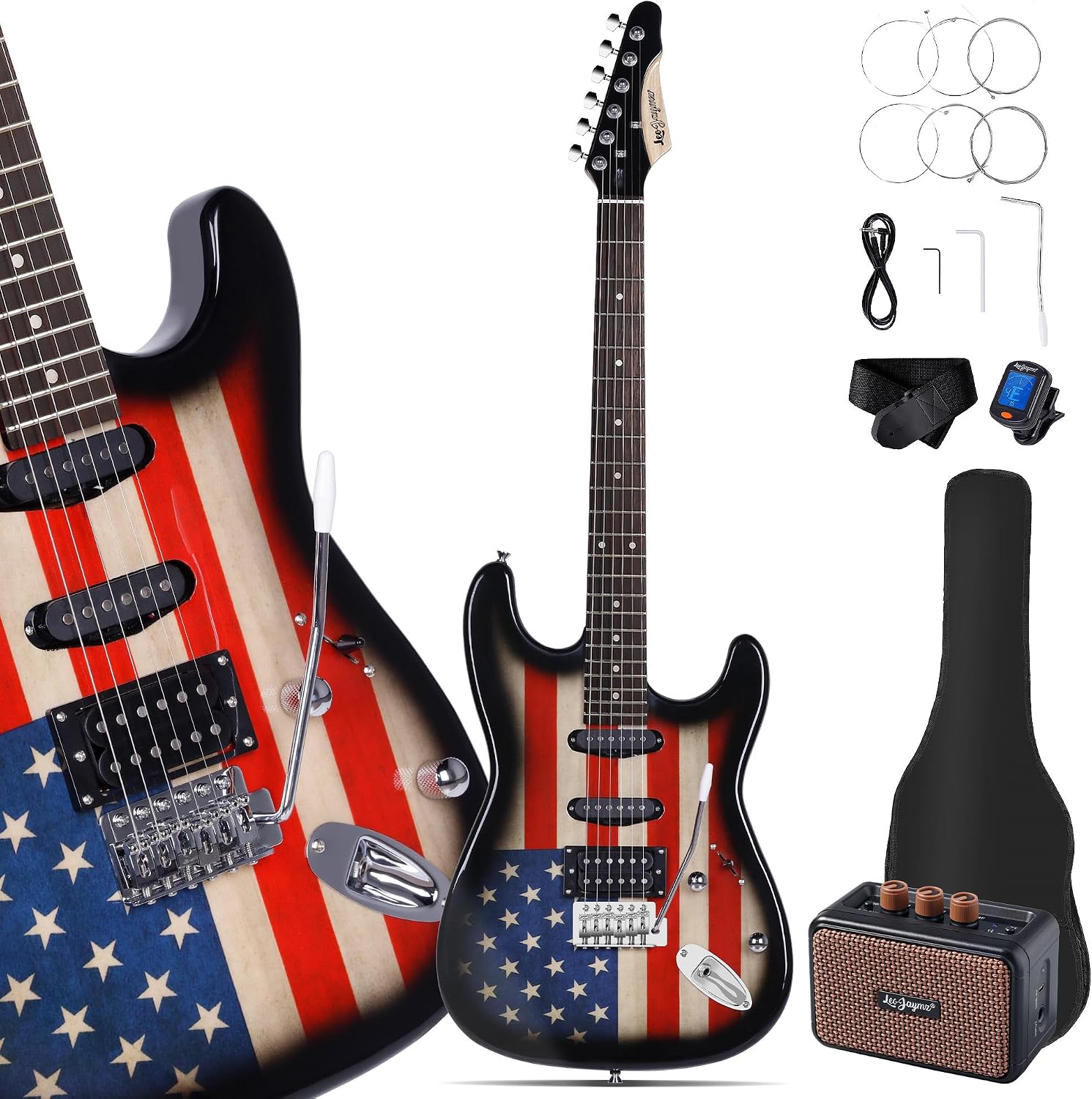 Leo Jaymz 39' Full Size ST Style Electric Guitar Starter Kit with SSH Pickup, 5W Portable Amp, Tuner, Gig Bag, Strap & Accessories (US Flag)